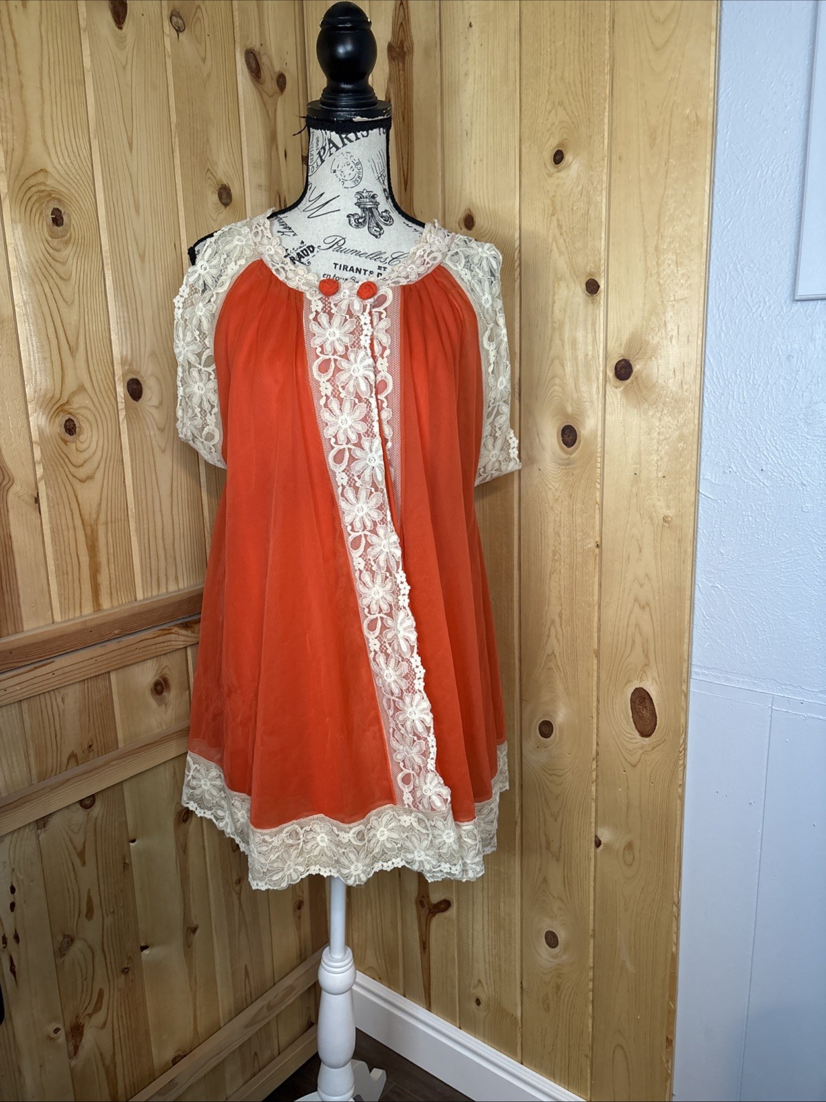 VTG Intime Set 2-Layer Chiffon Lace Lingerie Dress Nightgown Peignoir Robe Mini