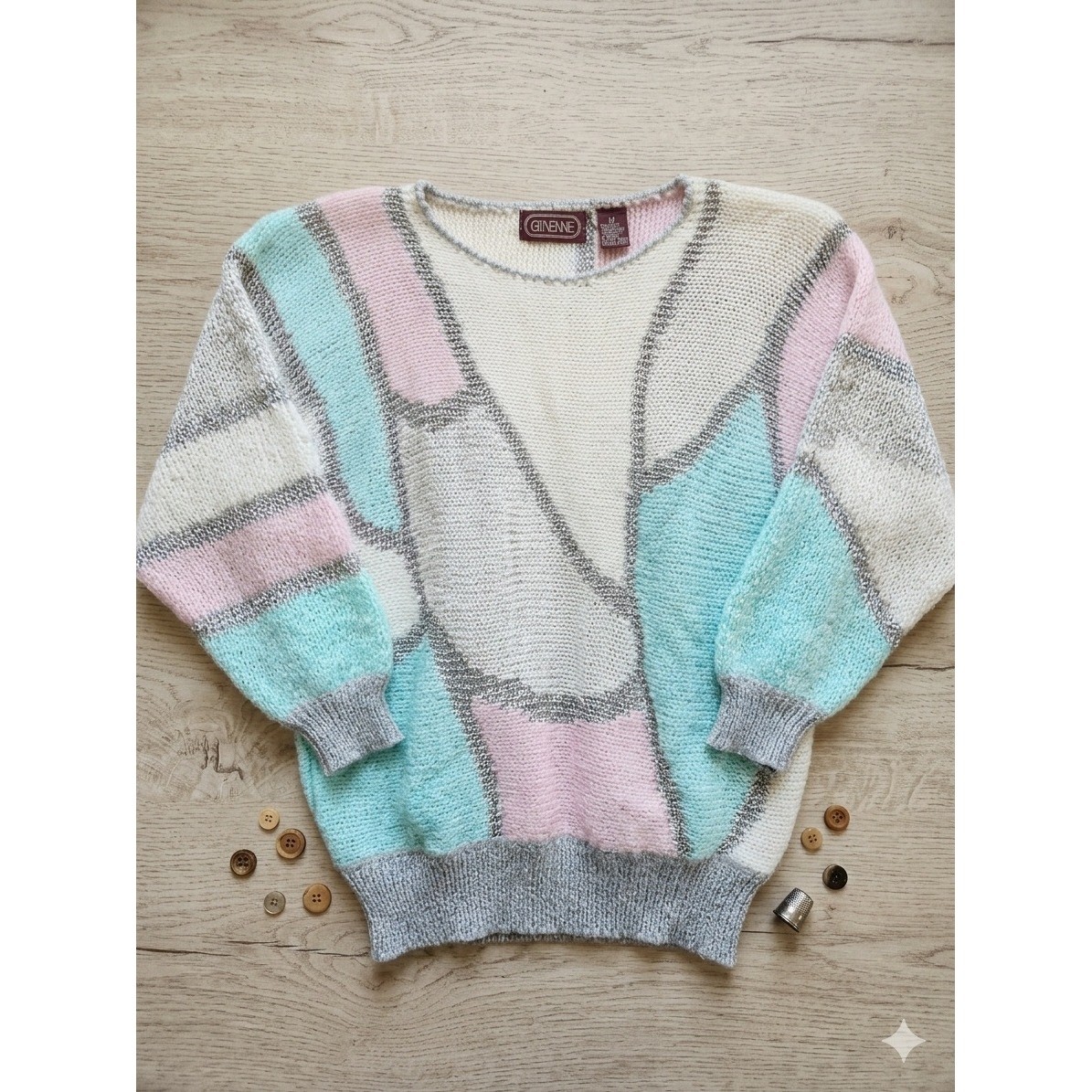 Vintage Ginenne M 80s Colorblock Sweater Pink Aqua Silver Metallic Wool Acrylic
