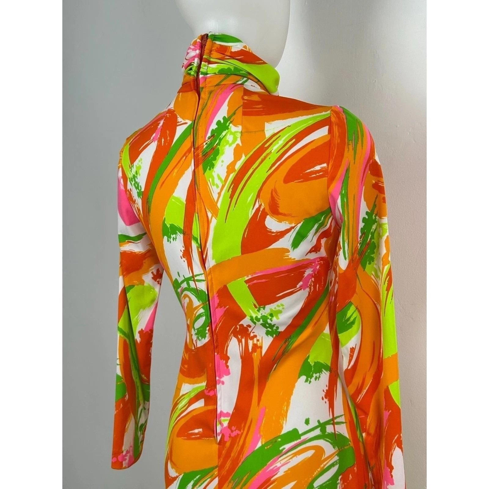 Vintage 70s Psychedelic Maxi Dress Multicolor Abstract Mock Neck Retro Mod