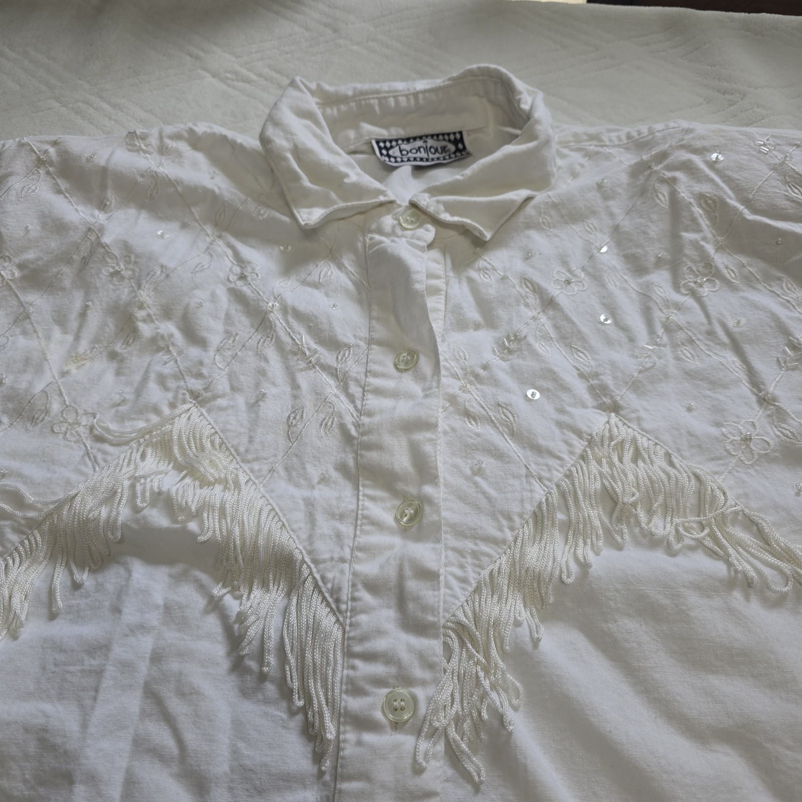 Vintage Bonjour White Button Top Fringe Embroidered Cowgirl Western Festival