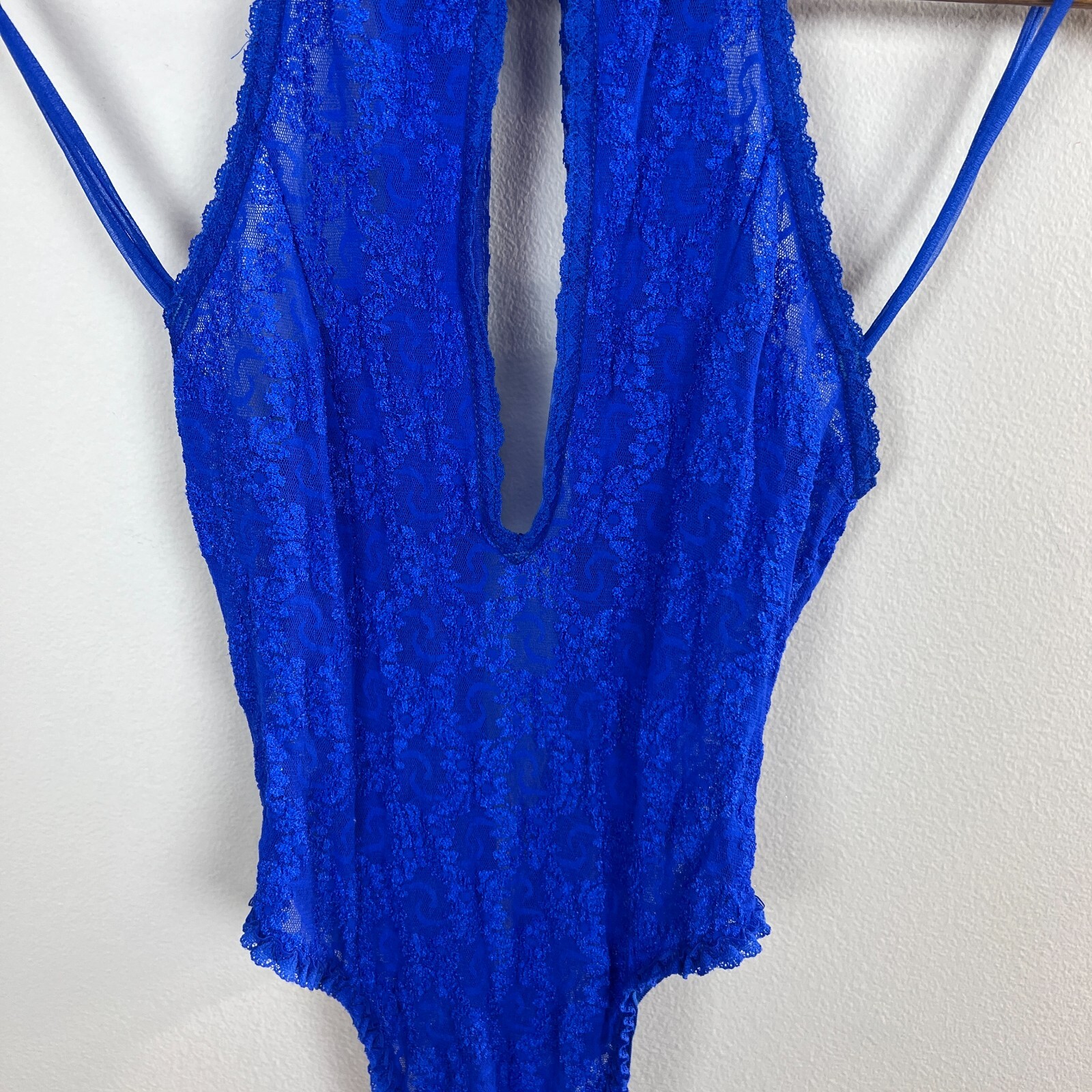 Andrea Kristoff Escante Lace Teddy M Blue Halter Cutout Sexy One Piece Vintage