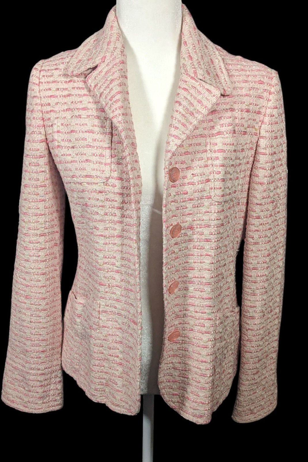 Vintage Textured Pink And White Woven Button Front Blazer