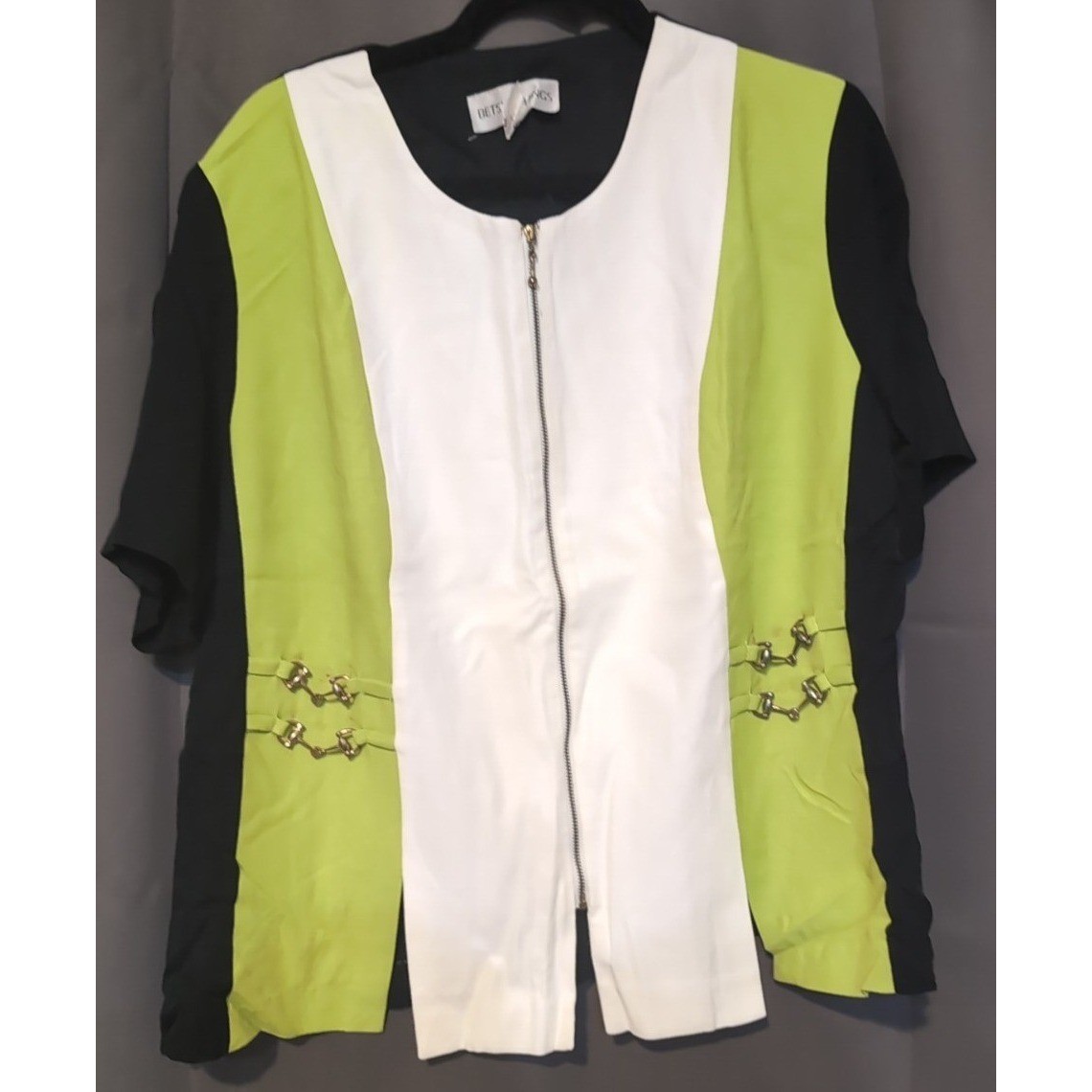 Betsy’s Things Vintage 90s Colorblock Horsebit Zip Front Top Lime Green Black 16