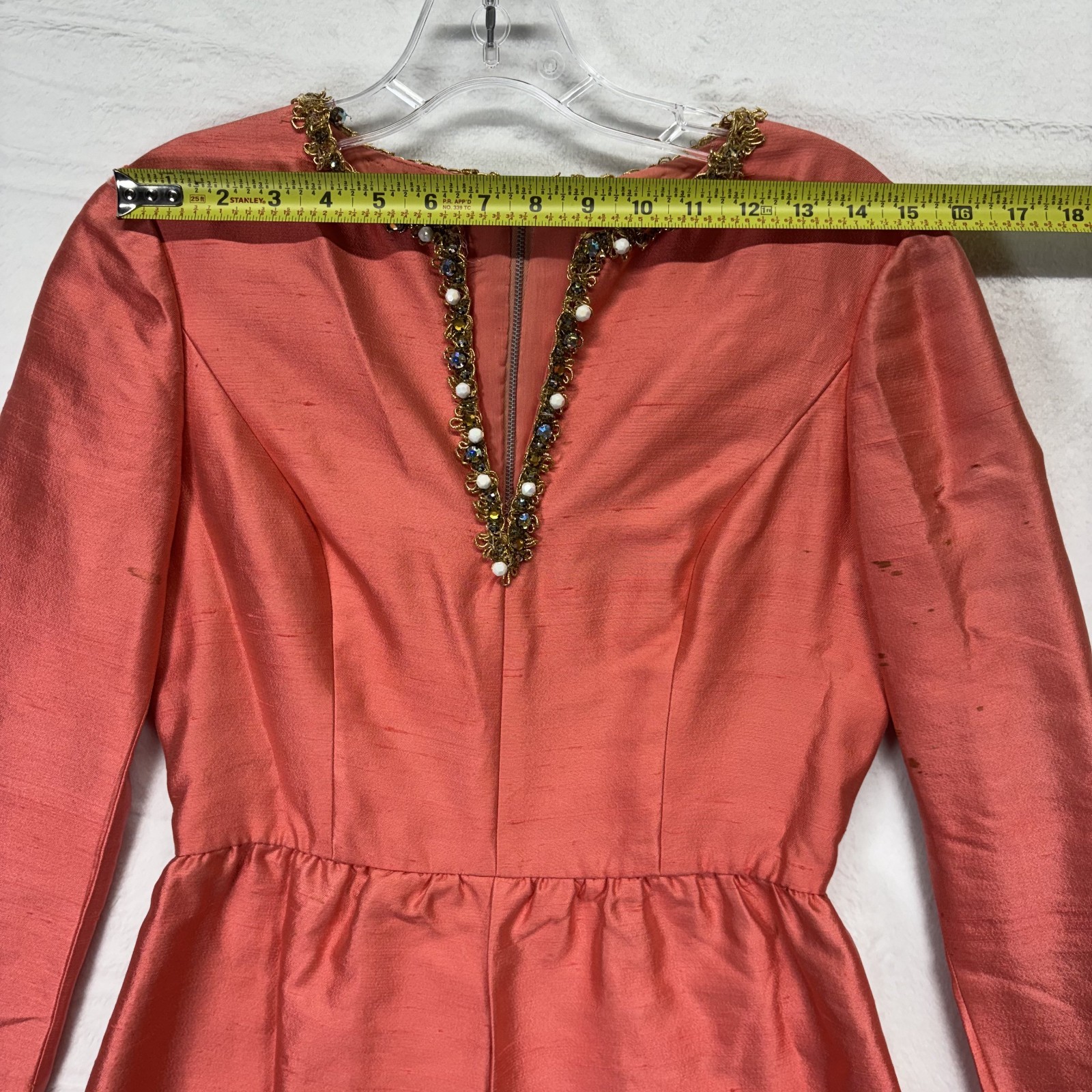 Vintage Gino Charles Dress Silk Wool Pink Beaded V Neck Mod Cocktail 60s Size 6
