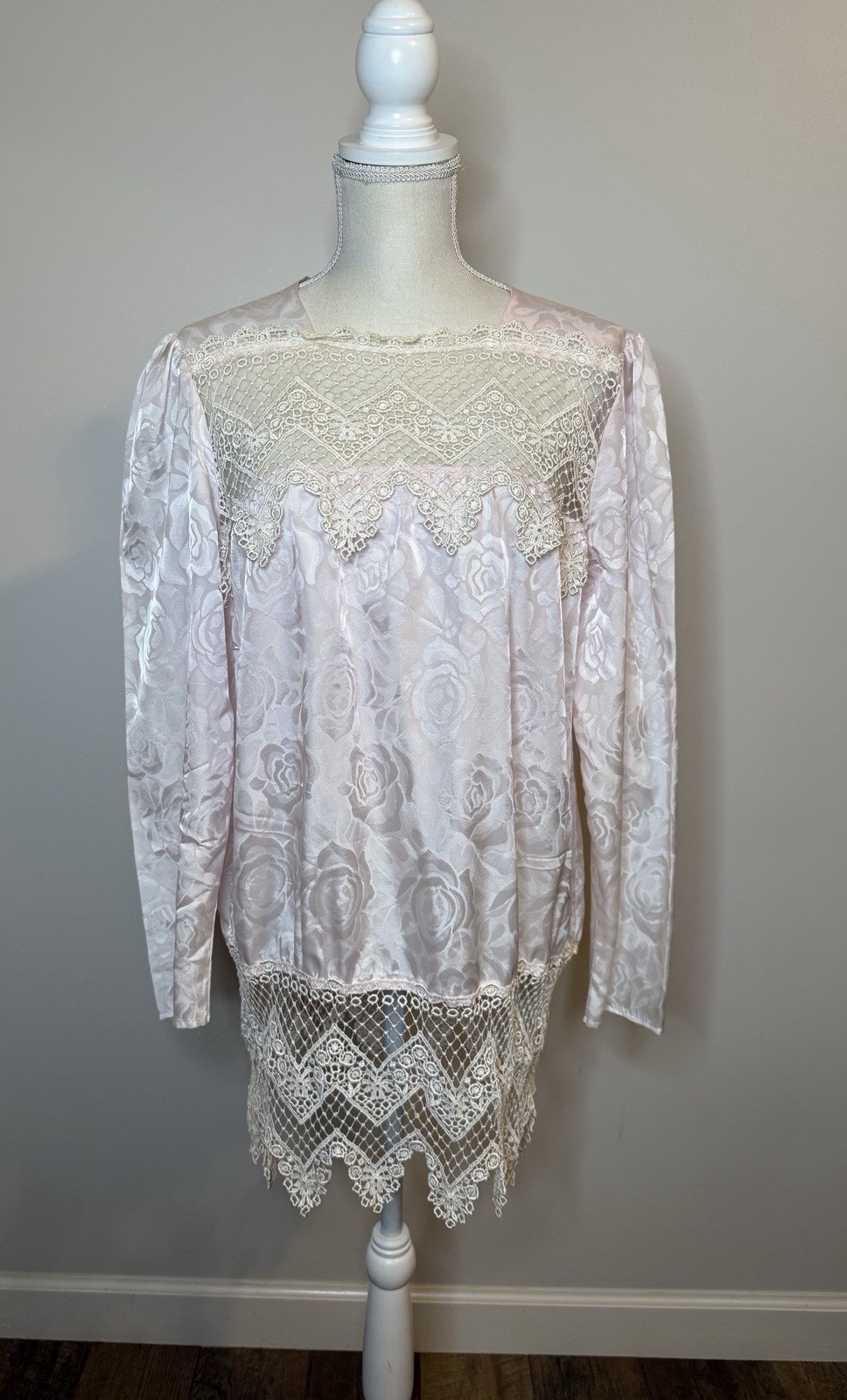 Vintage Satin Floral Pink Edwardian Lace Long Sleeve Blouse Sz 18 (XL)