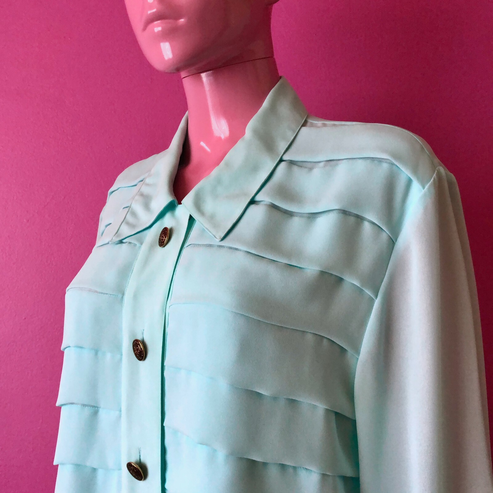 Vintage 80s M/L Chiffon Blouse Aqua Pastel Bill Blass Pleat Gold Button Down Top