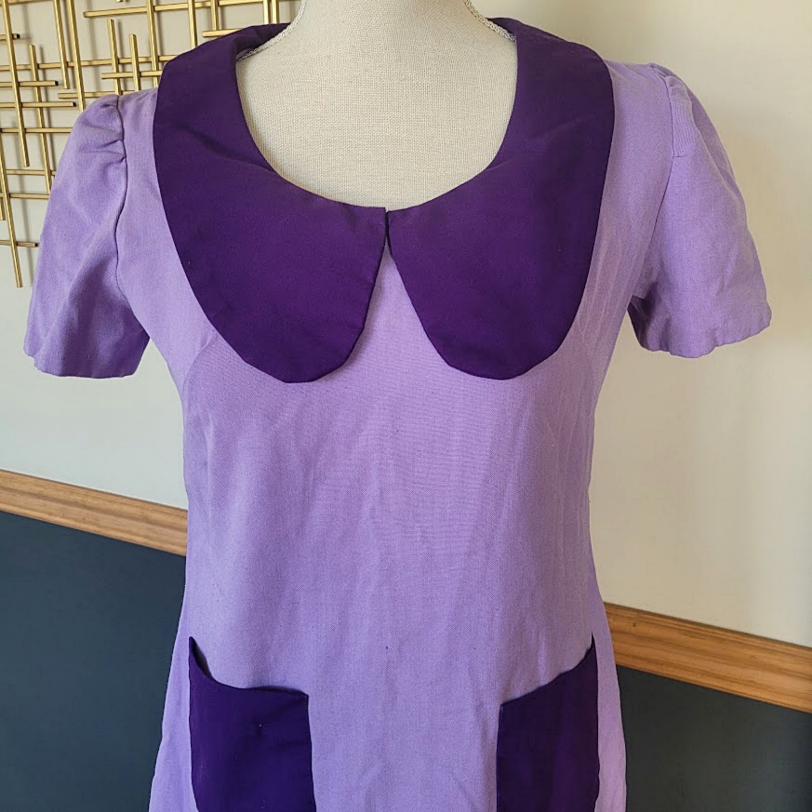 Vintage 60s 70s Mod Purple Mini Dress Shift Retro Go Go Twiggy Peter Pan Collar
