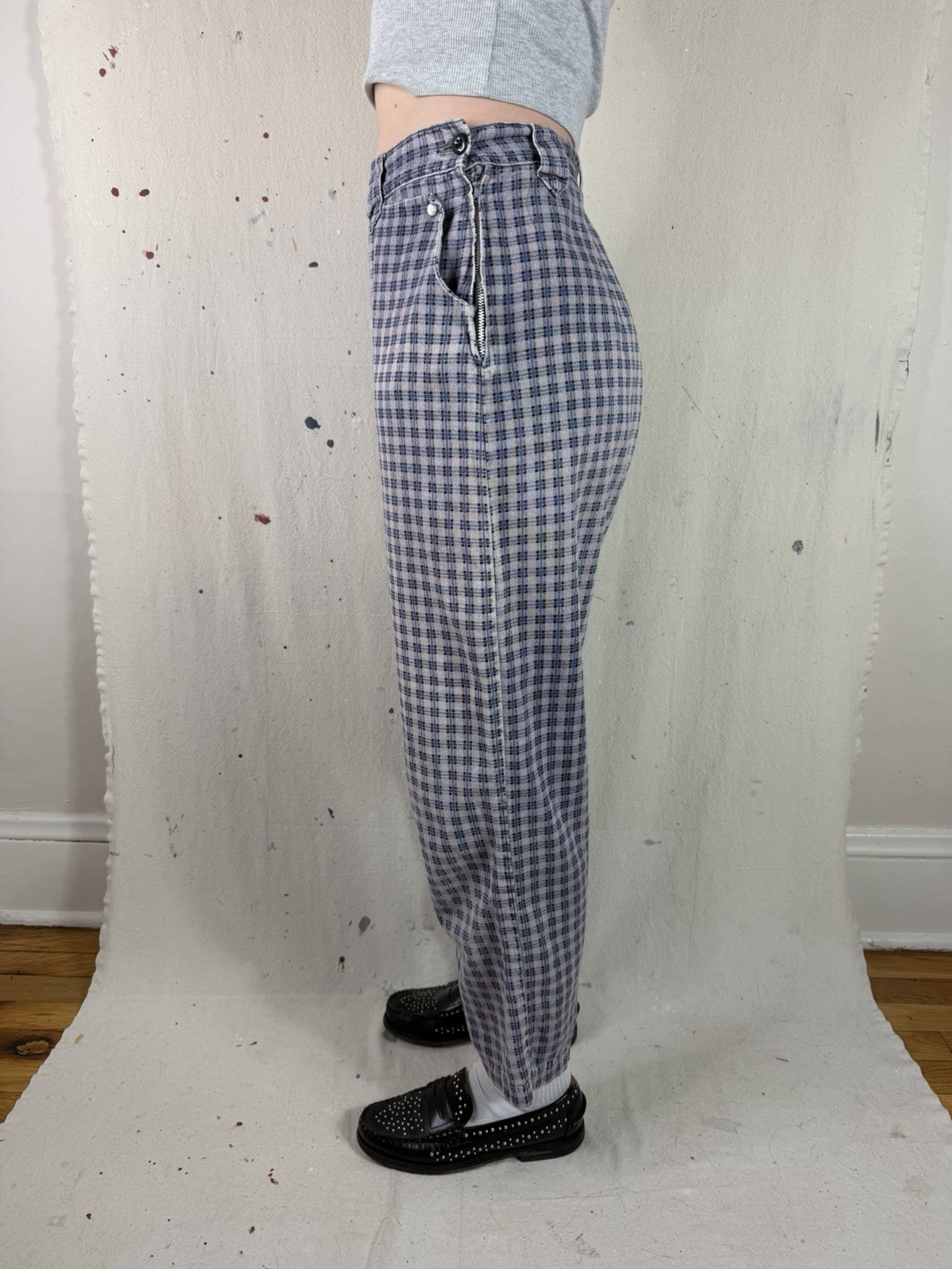 Vintage 50s Plaid Pants Side Zip 29” Trousers Pearl Snap Rockabilly