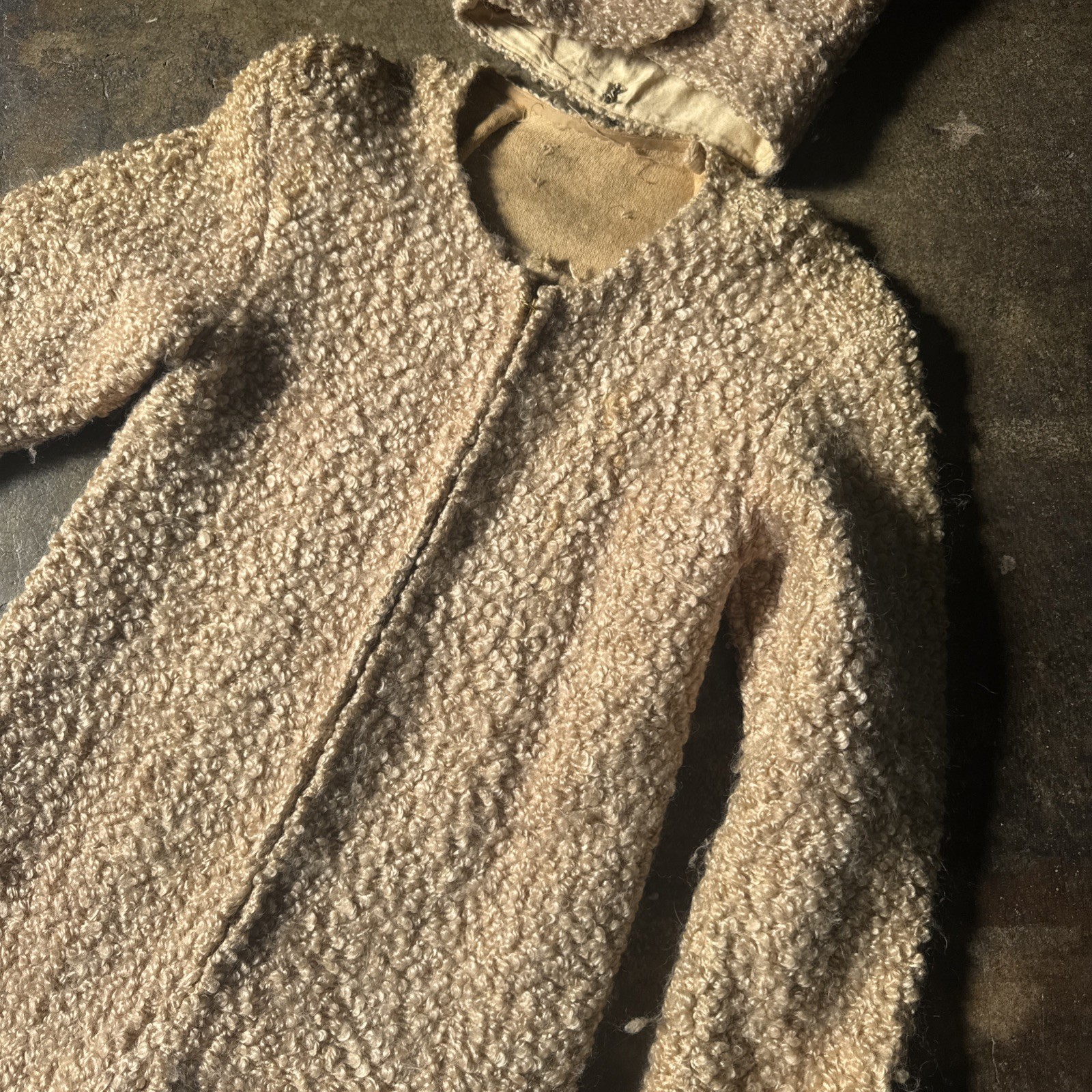Vintage 1930s 1940s Blonde Curly Mohair Cat / Lamb Outfit Suit & Headpiece Hat