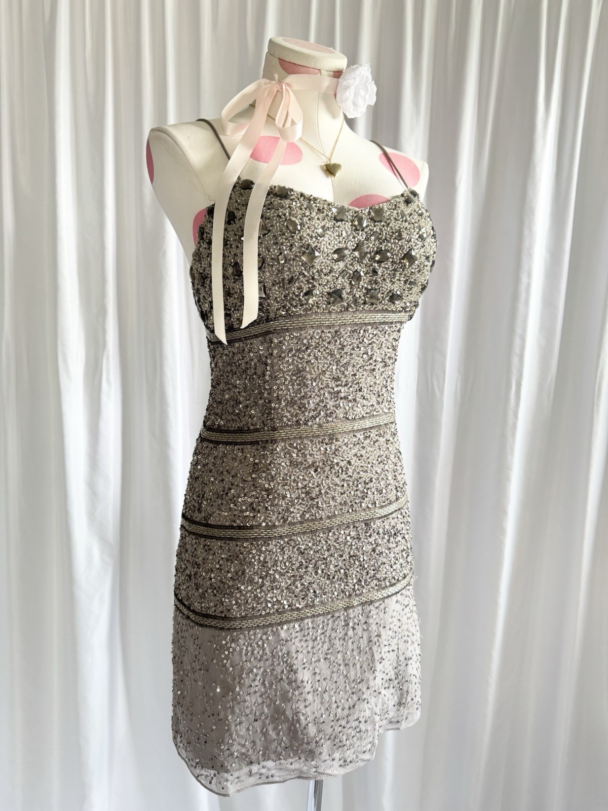 Vintage Y2K Silver Beaded Silk Sequin Gem Party Princess Mini Dress Grey Size S