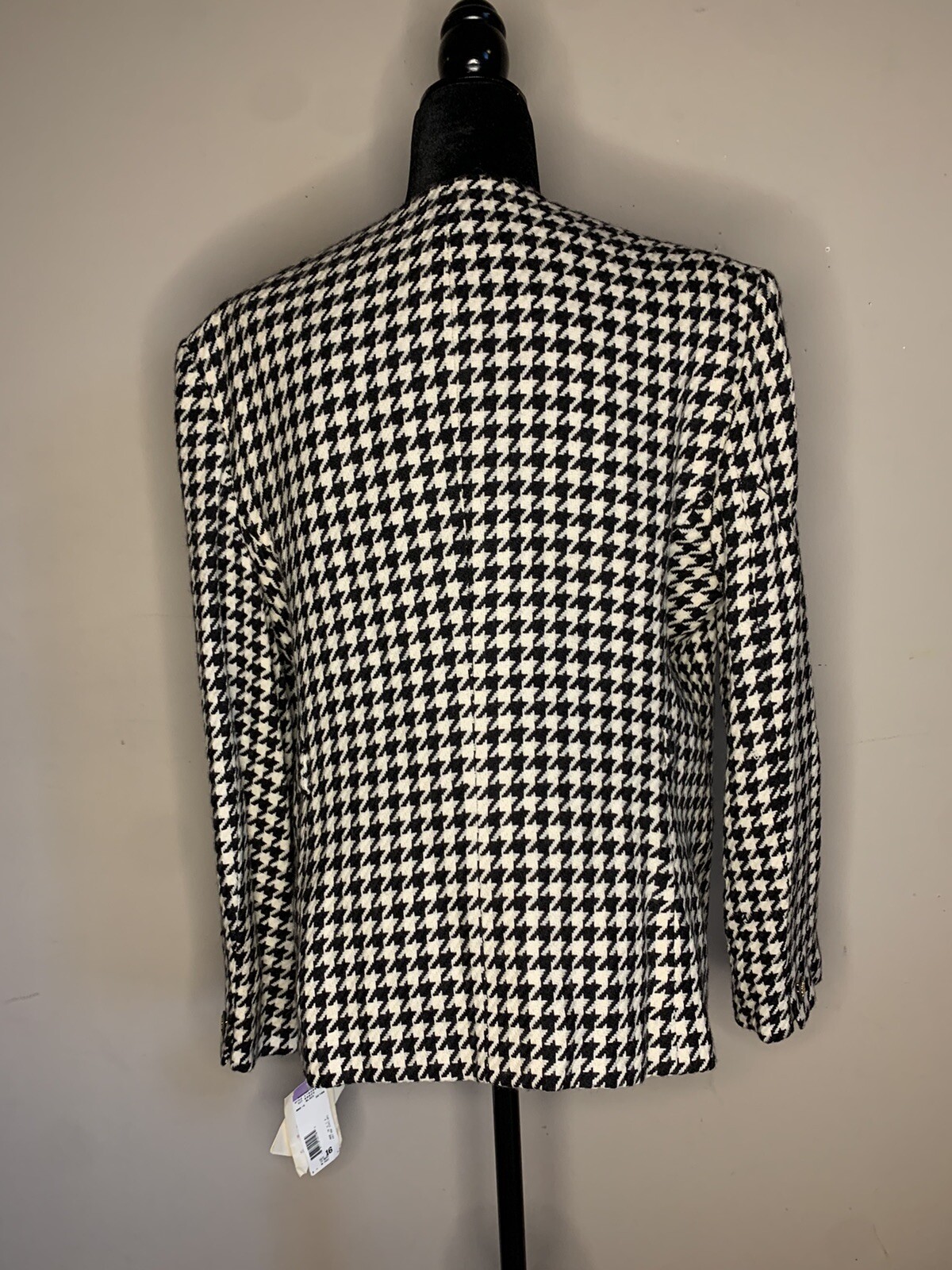 Vintage Jones New York Wool Dress Jacket Blazer Black White Houndstooth Women 16