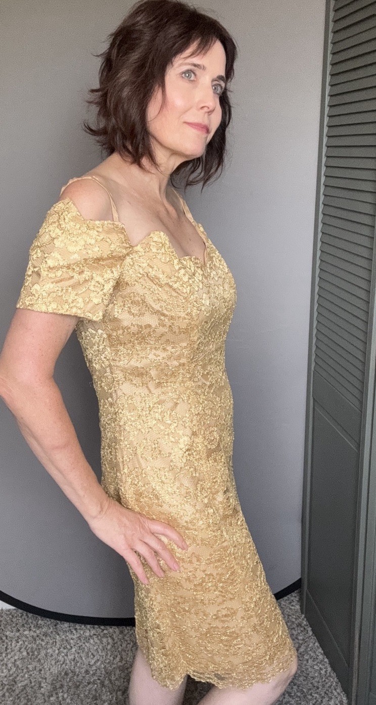 VTG 80’s 90’s Karen Lucas for Niki Gold Lace off shoulder dress Sz M 8 prom coct