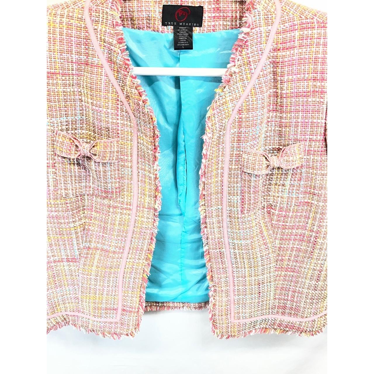 Vintage True Meaning Women’s Multicolor Stylish Fringe Hem Tweed Blazer Large
