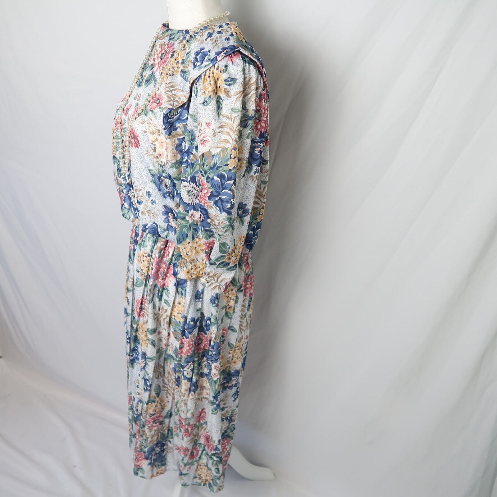 Vintage 80s Cue blue pink and grey granny floral midi dress 10