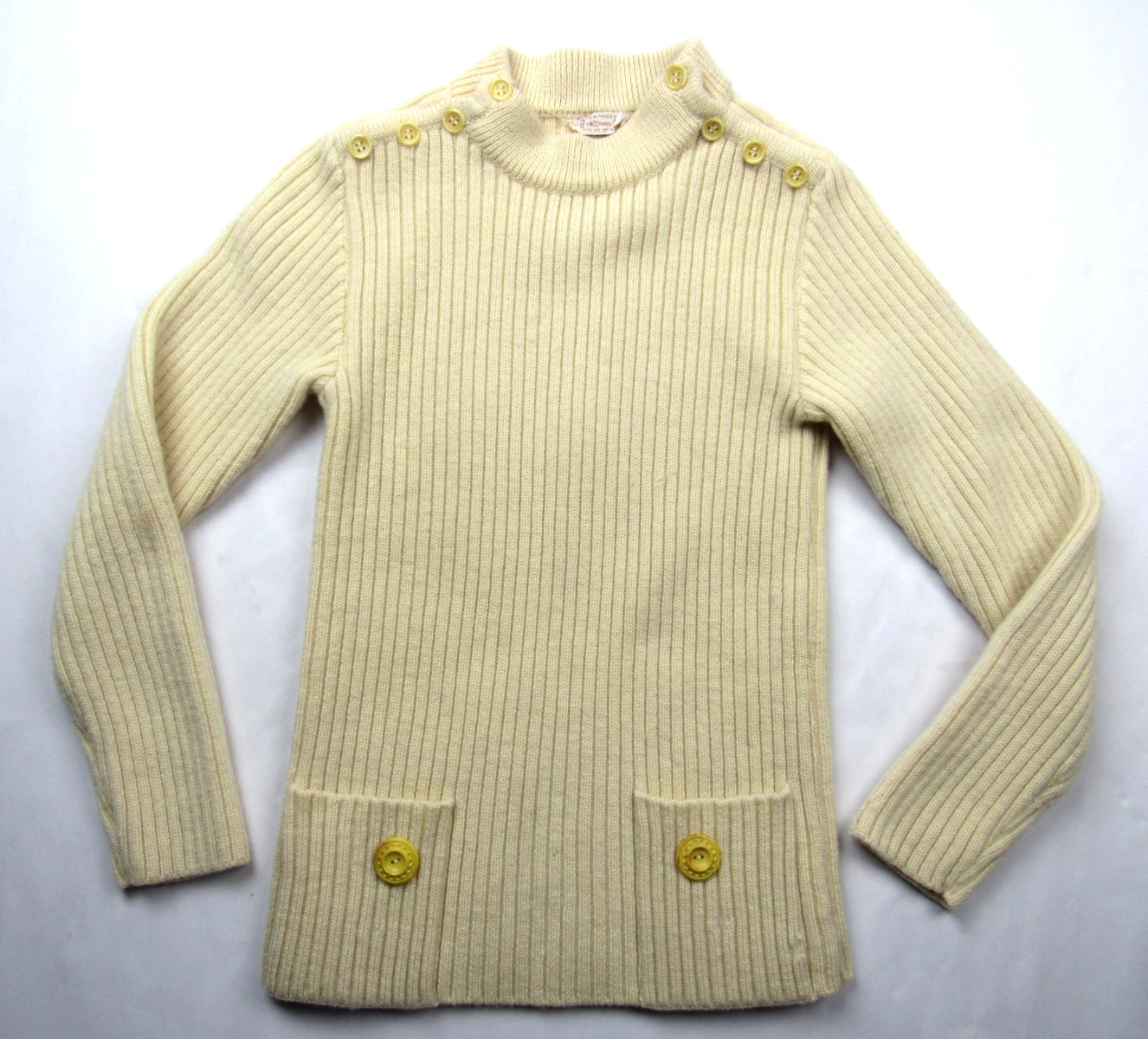 Vtg 50s 60s Made in France for B Altman Sweater Button Neck Ribbed Wool Small