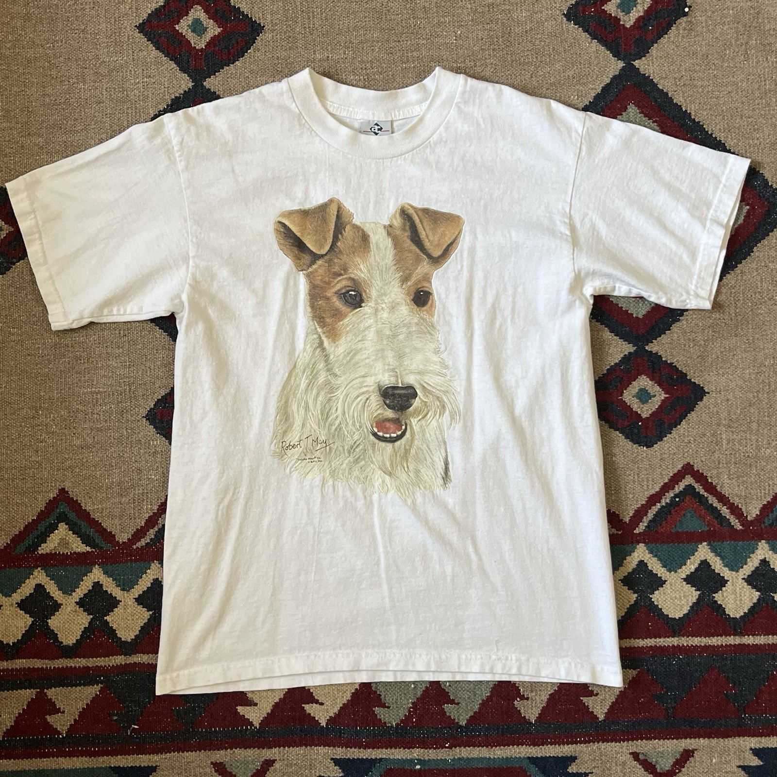 Vintage 90s Fox Terrier Dog Robert J. May T-Shirt Adult M Single Stitch Crewneck
