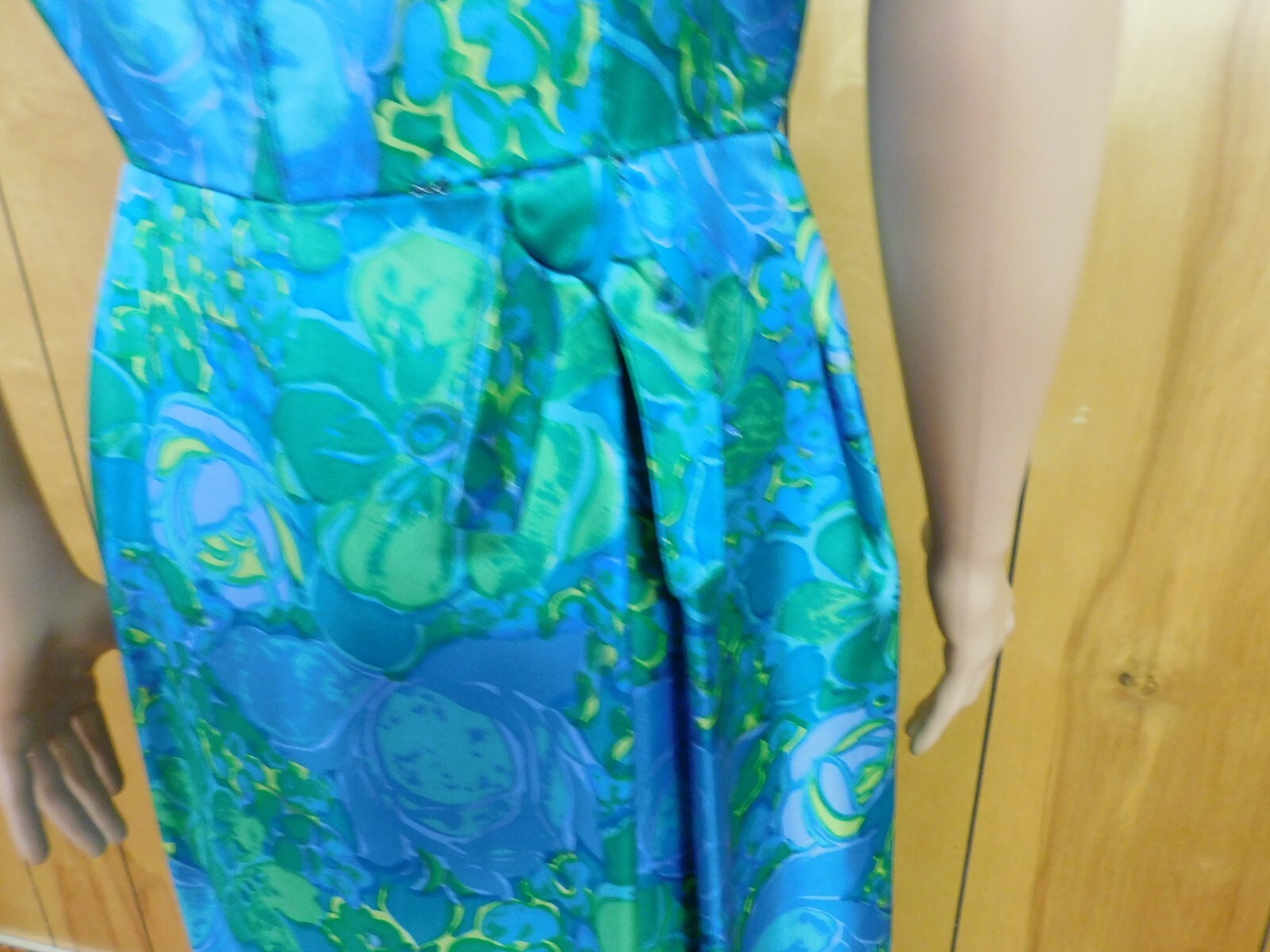 Vintage 70’s Blue Green Yellow Satin Evening Gown Pencil Dress Waist 29″*