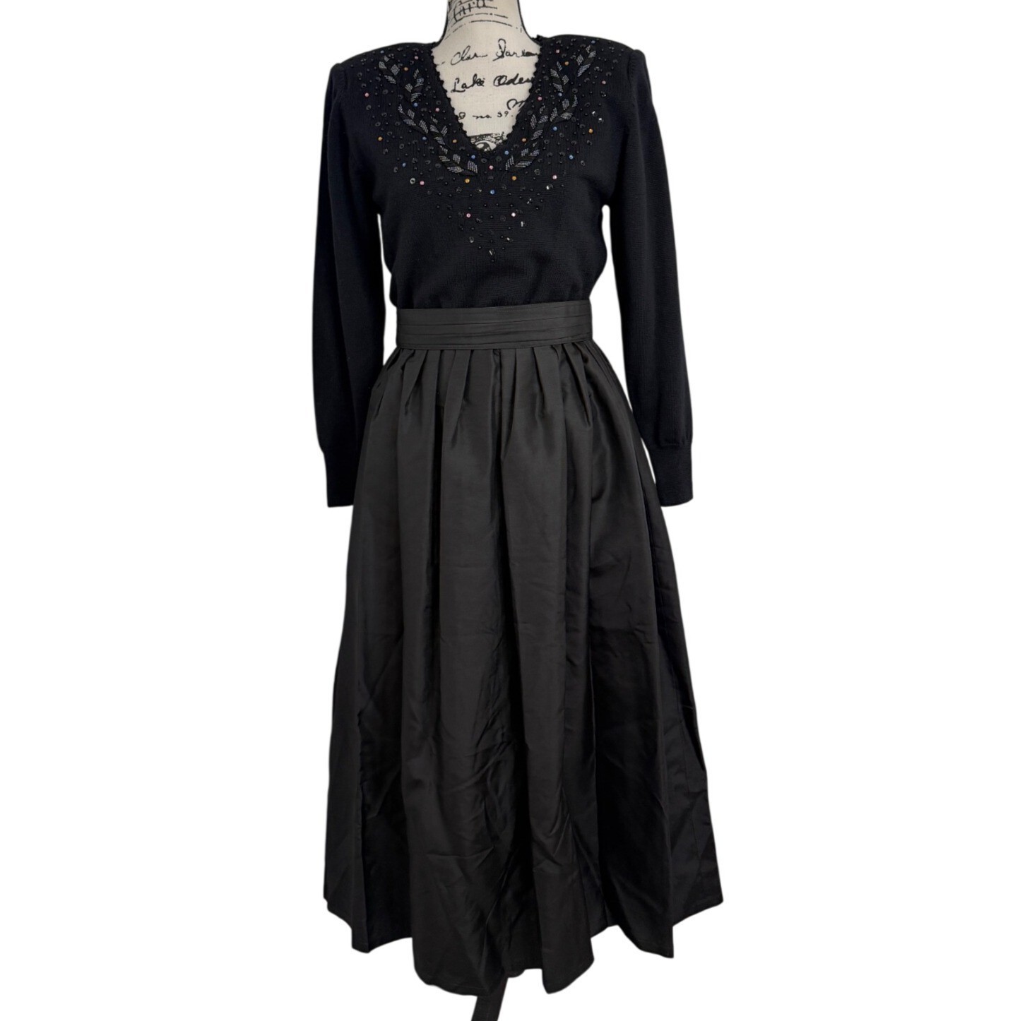 Vtg 70s Ciao Women Size 6 Dress Black Embellished Sweater & Satin Full Skirt MCM