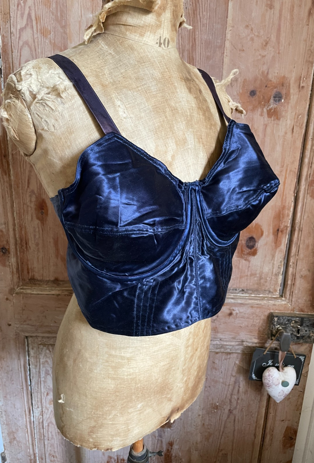 French 1950s Midnight Blue Satin Balcony Bullet Bra Bustier Lightly Used Sz 105
