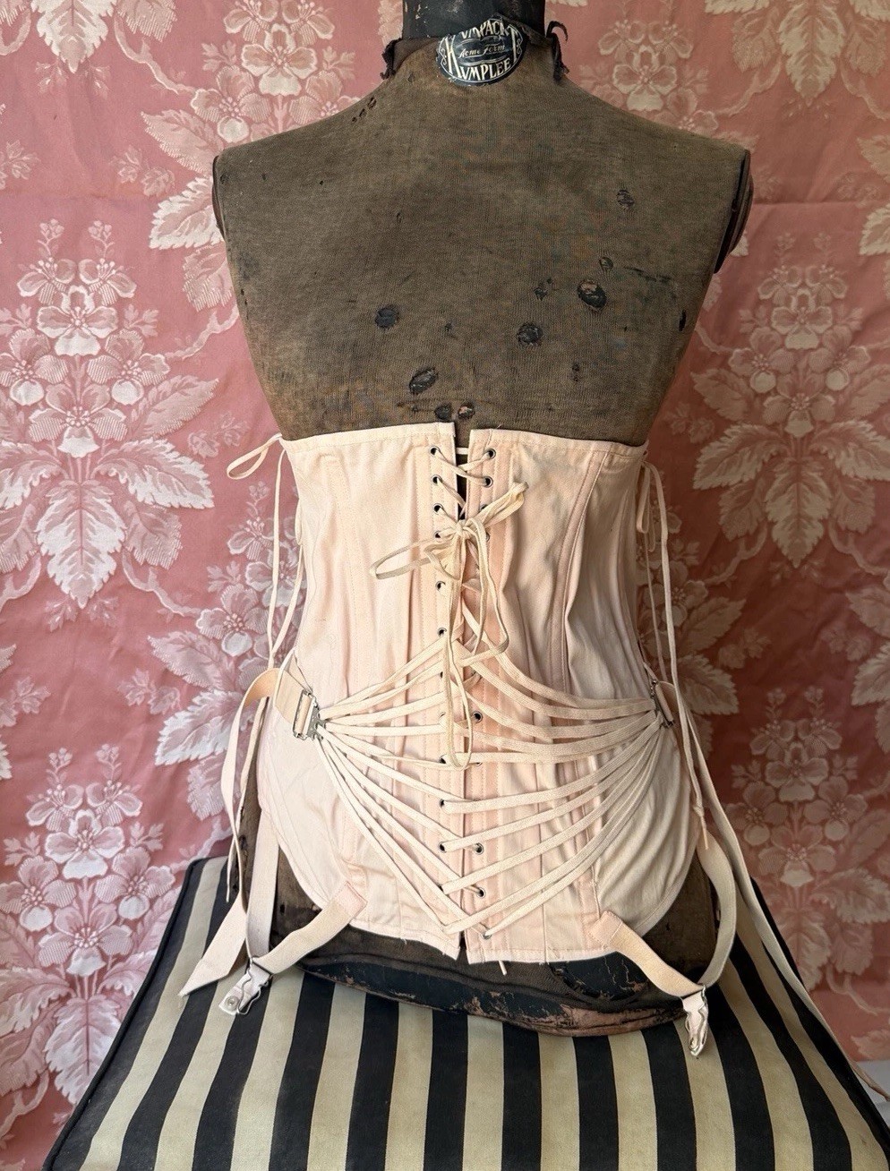 Vintage Pink Fan Laced Corset Underbust, 1930s CAMP