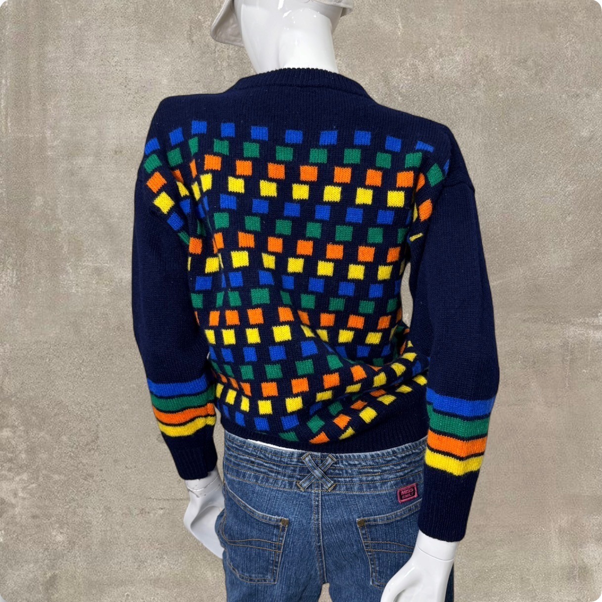 Vintage 80s 100% Wool Knit Sweater Navy Geometric Rainbow Made in Scotland S/M