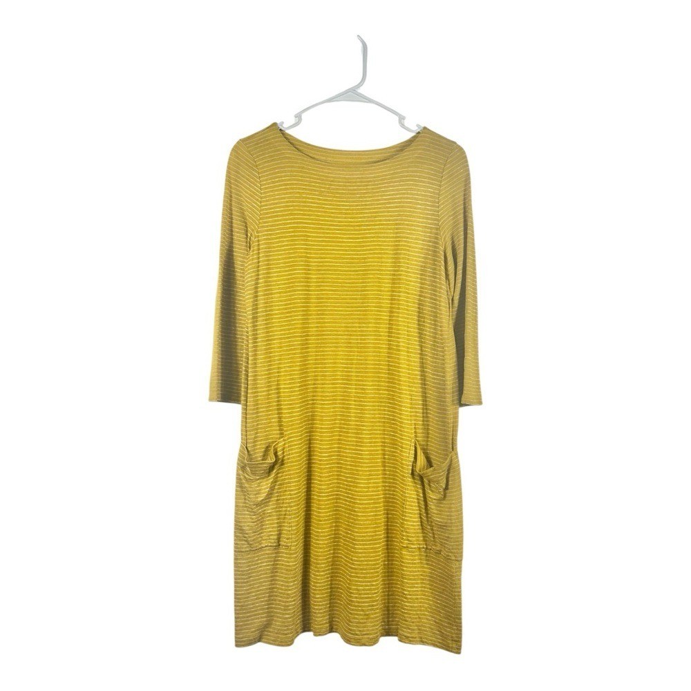 Eileen Fisher 100% Linen Stripe Mustard Yellow Pocket Dress Size XS or