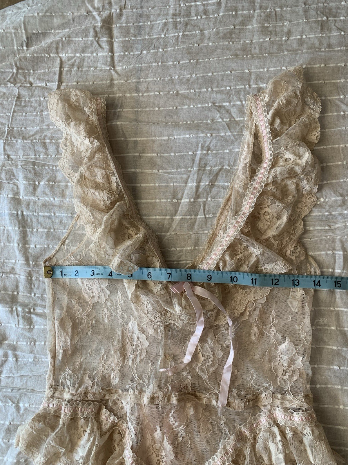 Vintage 70s 80s Designer Emil Bole Tan Beige nude Floral Lace Teddy W Ribbons