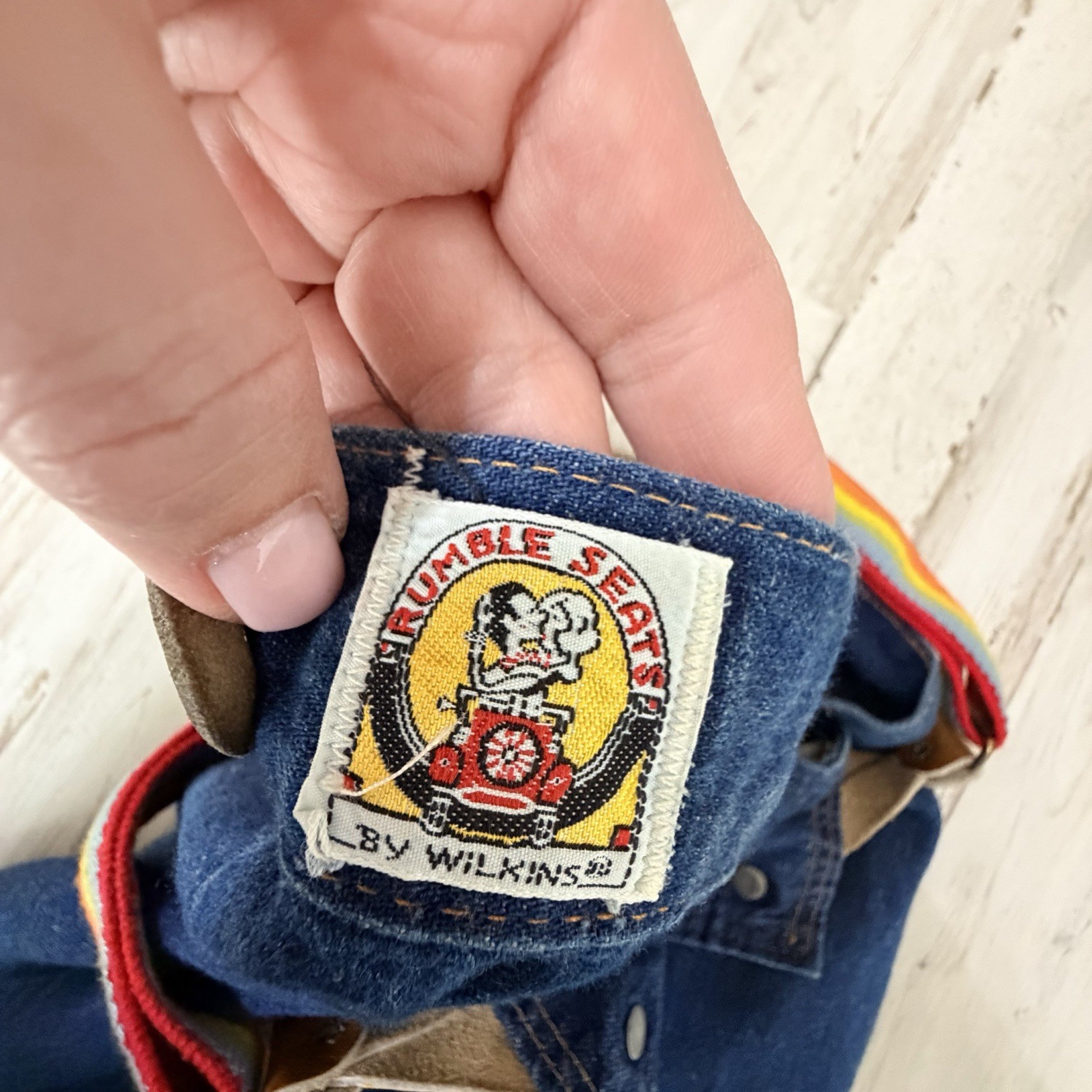 Rumble Seats Rainbow Overalls VINTAGE Size 2 27×34 Tall Denim Retro Festival