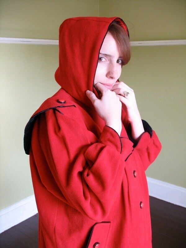 VTG Little Red Riding Hood Wool Coat Incredible Pleating & Details Blk Trim S M