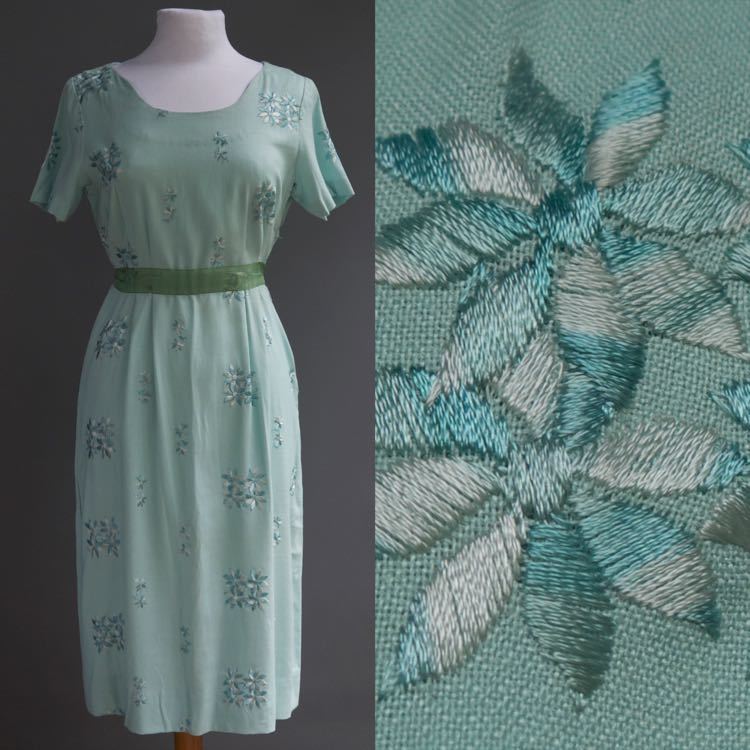 VTG 50s 60s Seafoam Blue Linen Cotton Day Tea Dress Silk Floral Embroidery M L