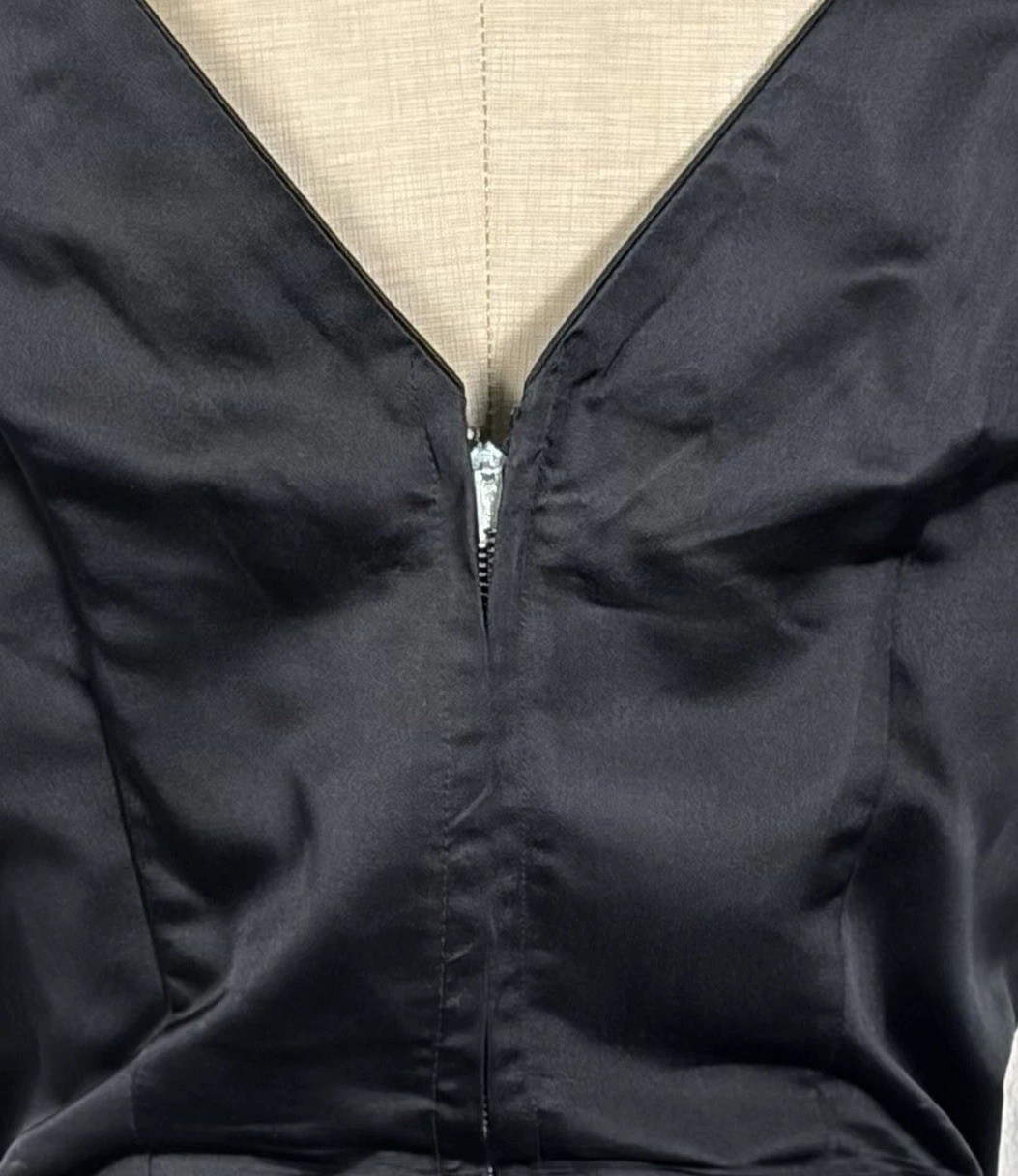 VTG 50s Dynasty Cocktail Dress Black Silk Taffeta Darts Pleated Low Back Size XS