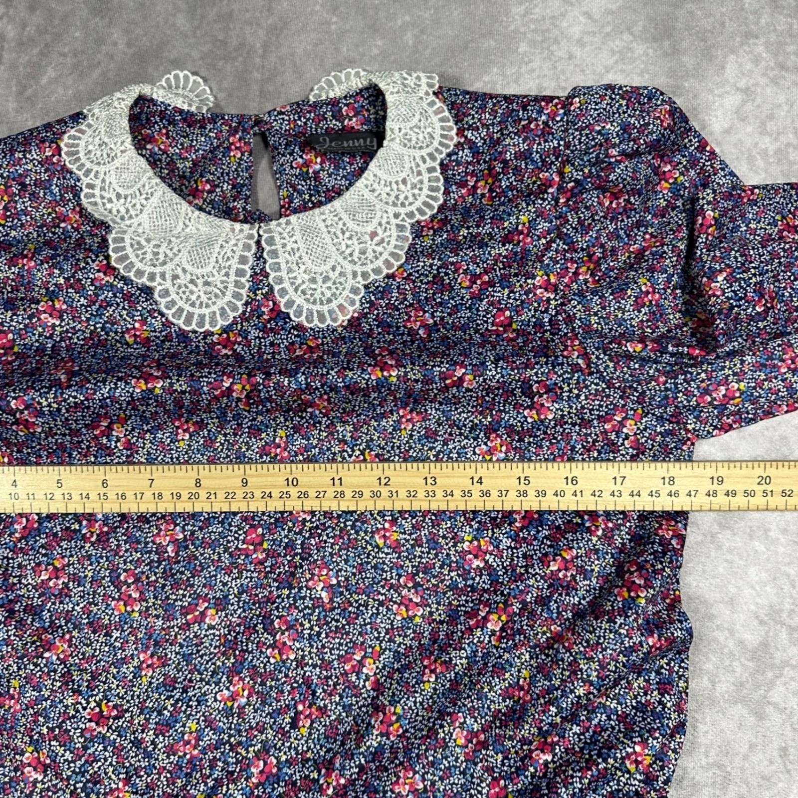 Vtg 90s Jenny Womens S Blue Pink Floral Lace Collar Midi Dress Elastic Waist USA