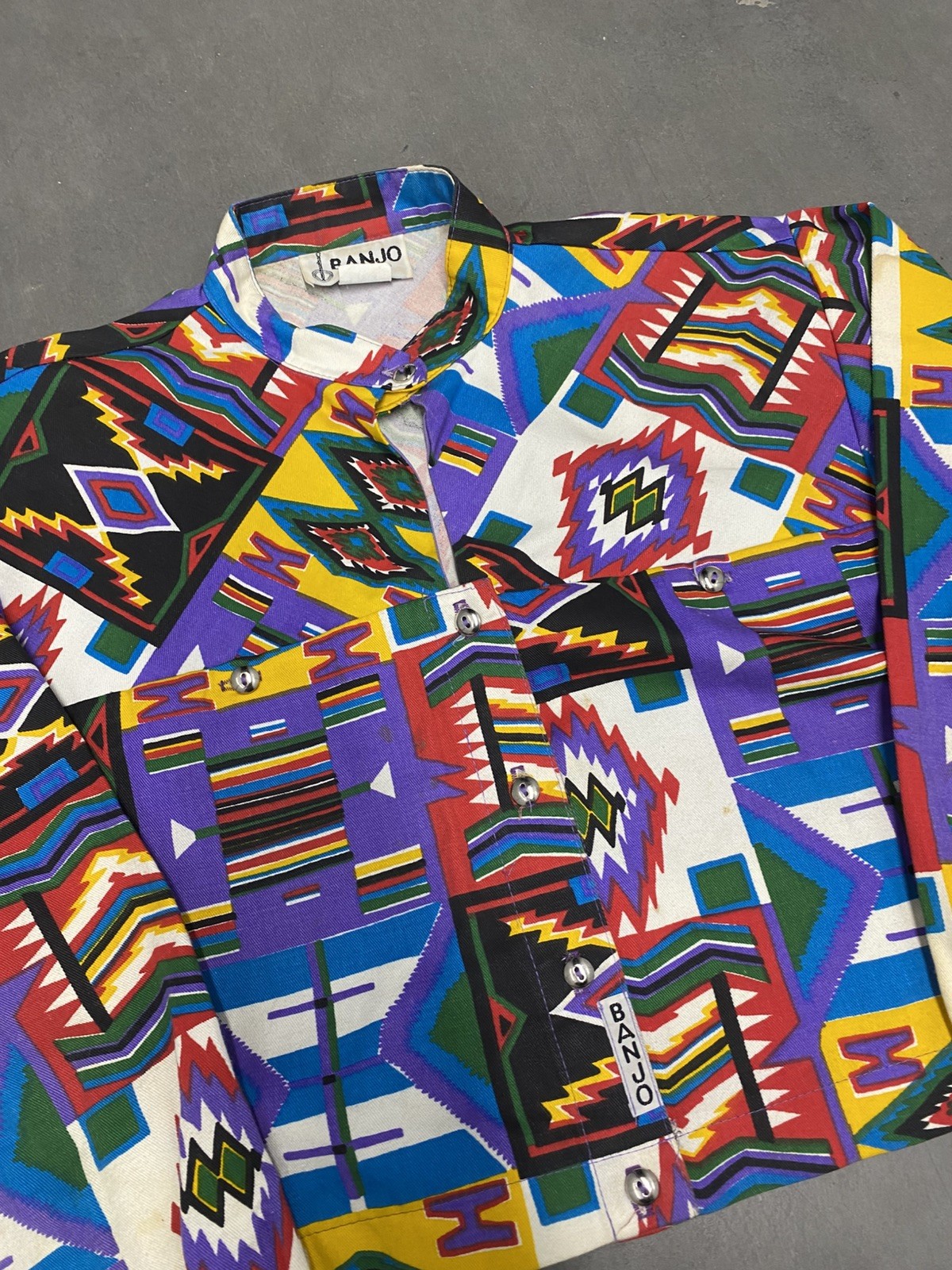 Vtg Banjo Women’s Western Crop Top Shirt S Aztec colorblkPrint Rodeo Barrel Race