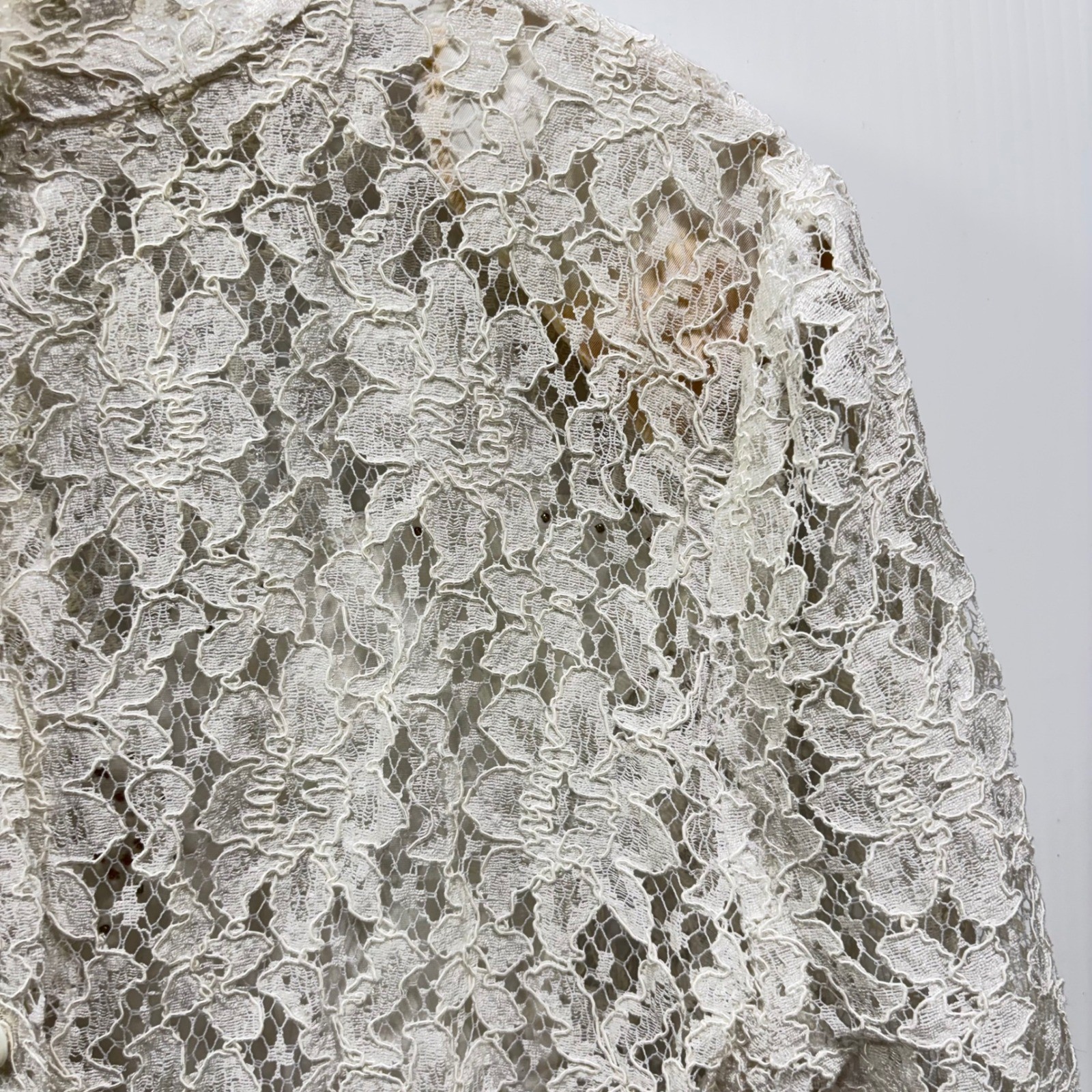 VTG Off White Floral Lace High Neck Button Blouse Sheer Beaded Back Top France