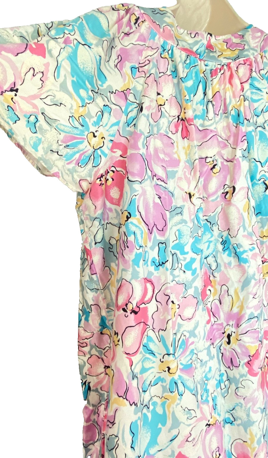 Vintage 1980s pink floral lounge dress muumuu short sleeves tent white cotton