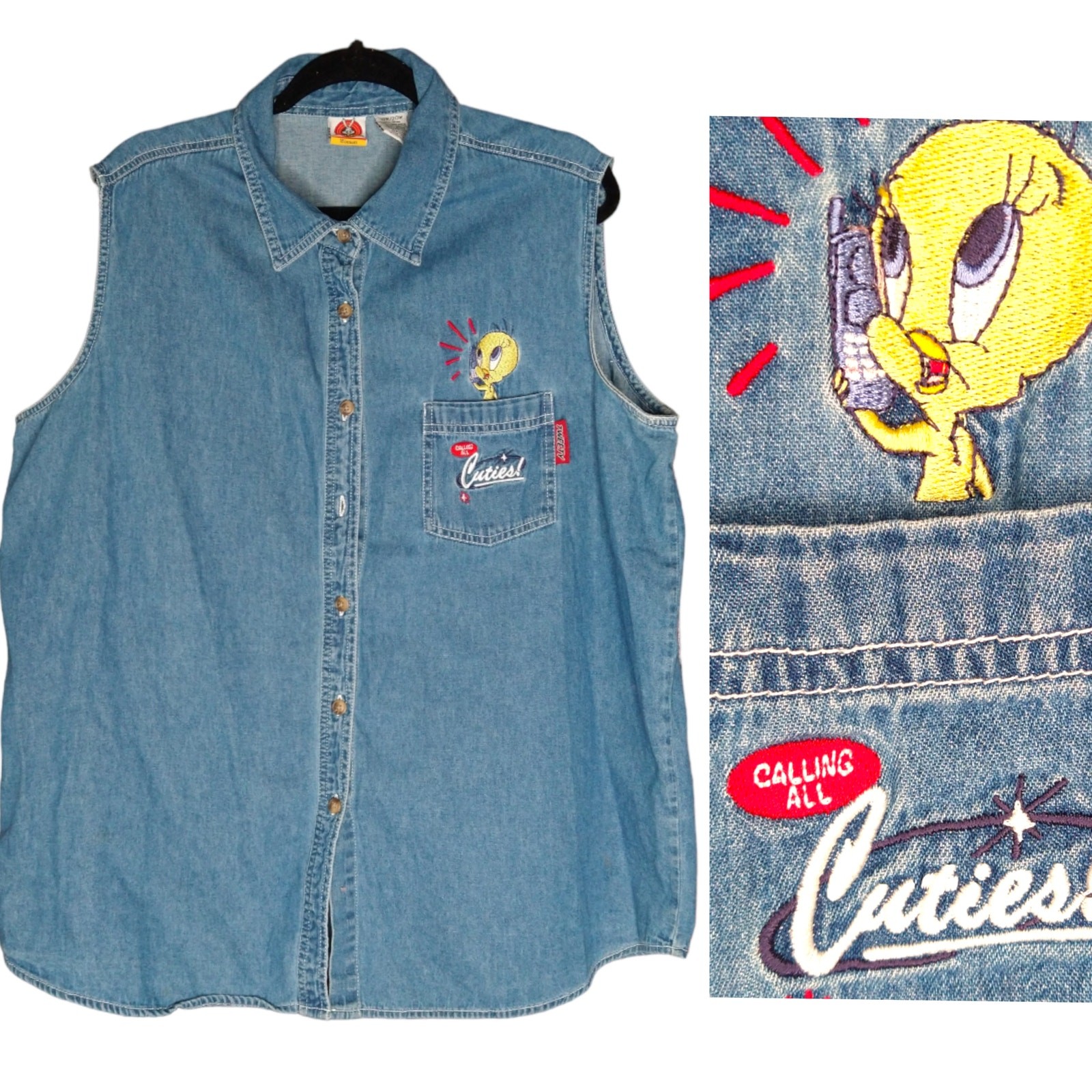 Y2K Vintage Tweety Bird Sleeveless Denim Shirt size 18/20 2X