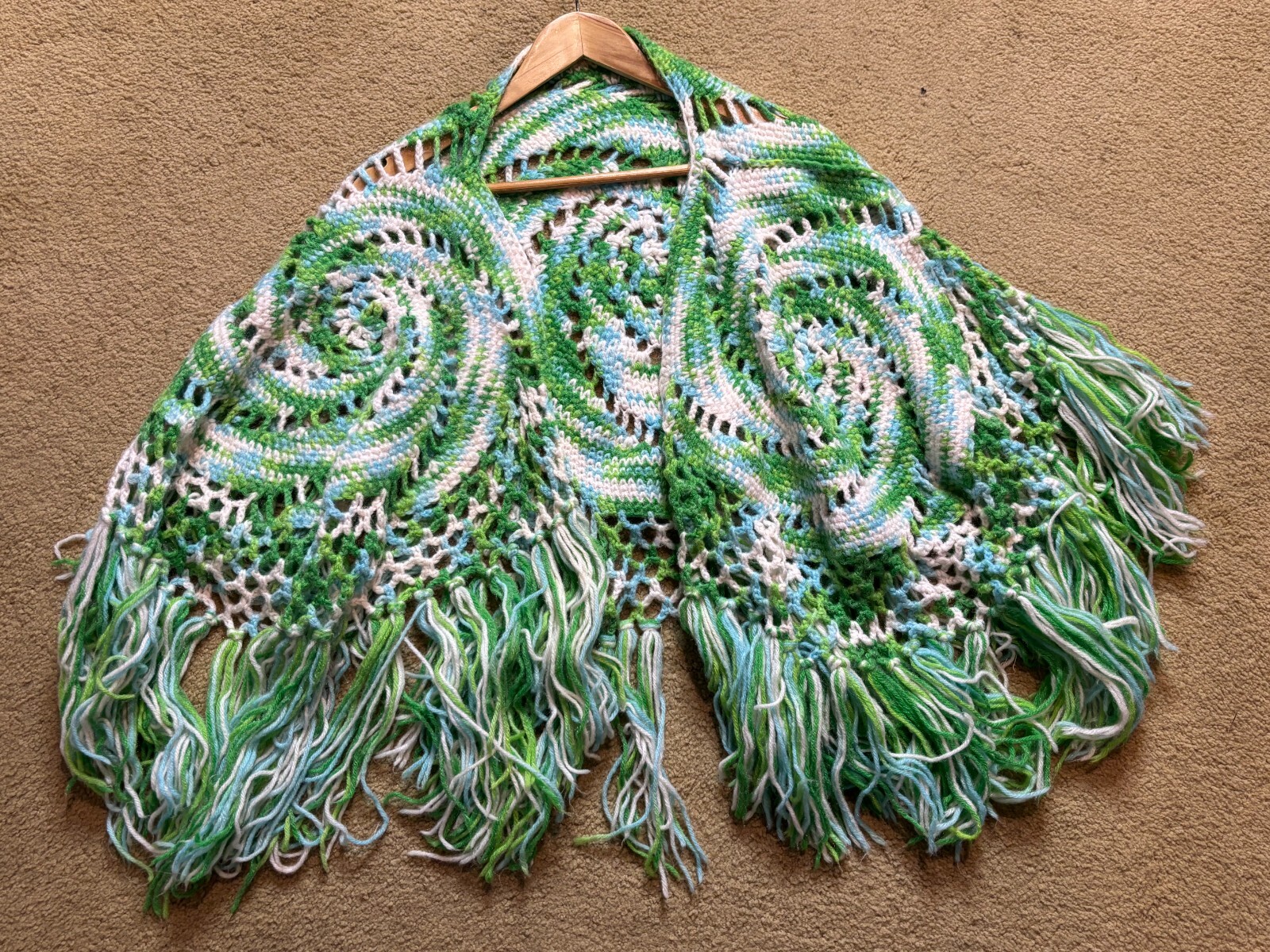 Tie Dye Knit Crochet Fringed Shawl Wrap Poncho Festival Cape Sweater Hippy Green