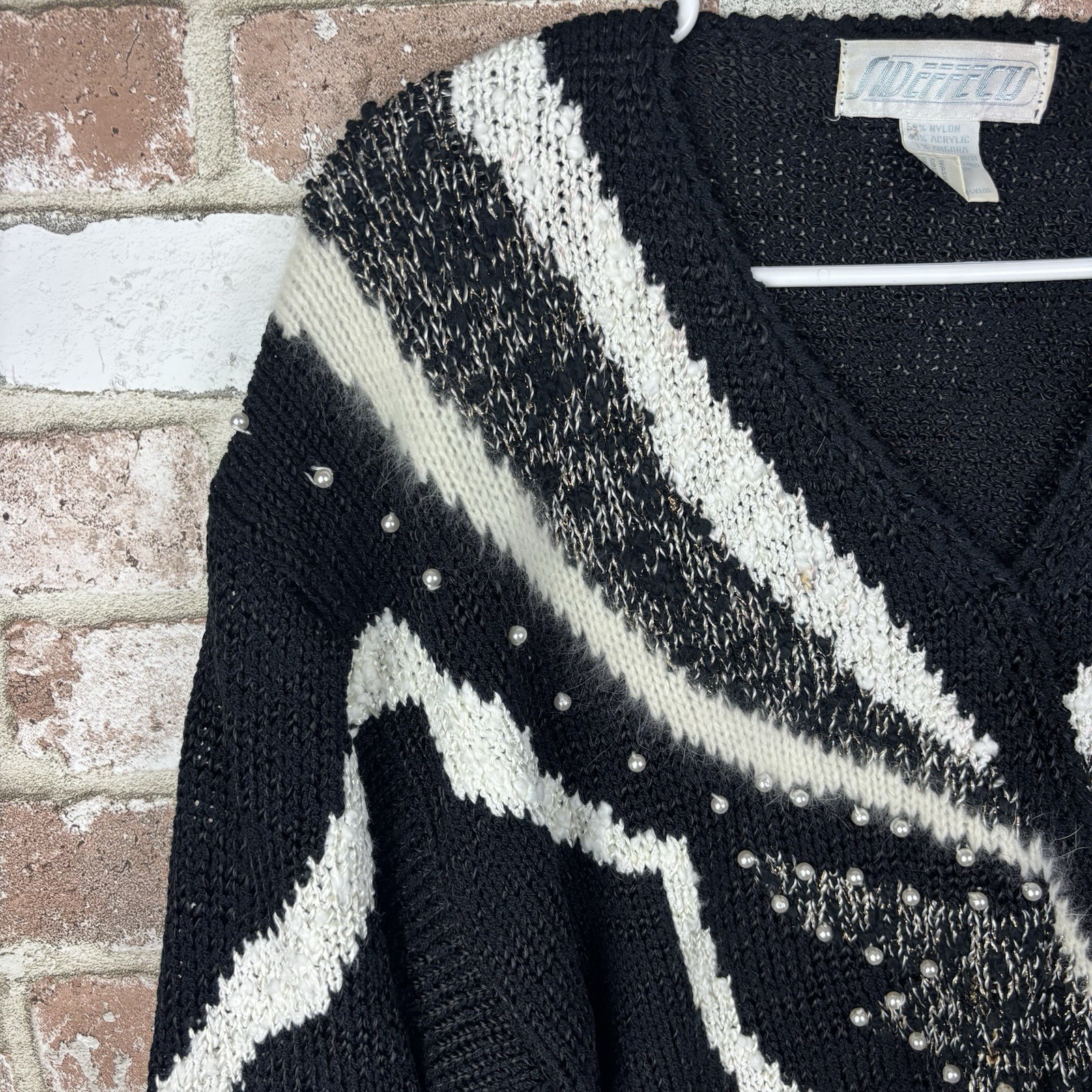 Vtg 80s Pearl Angora Blend V-Neck Sweater SIDE EFFECTS Women M Retro Glam