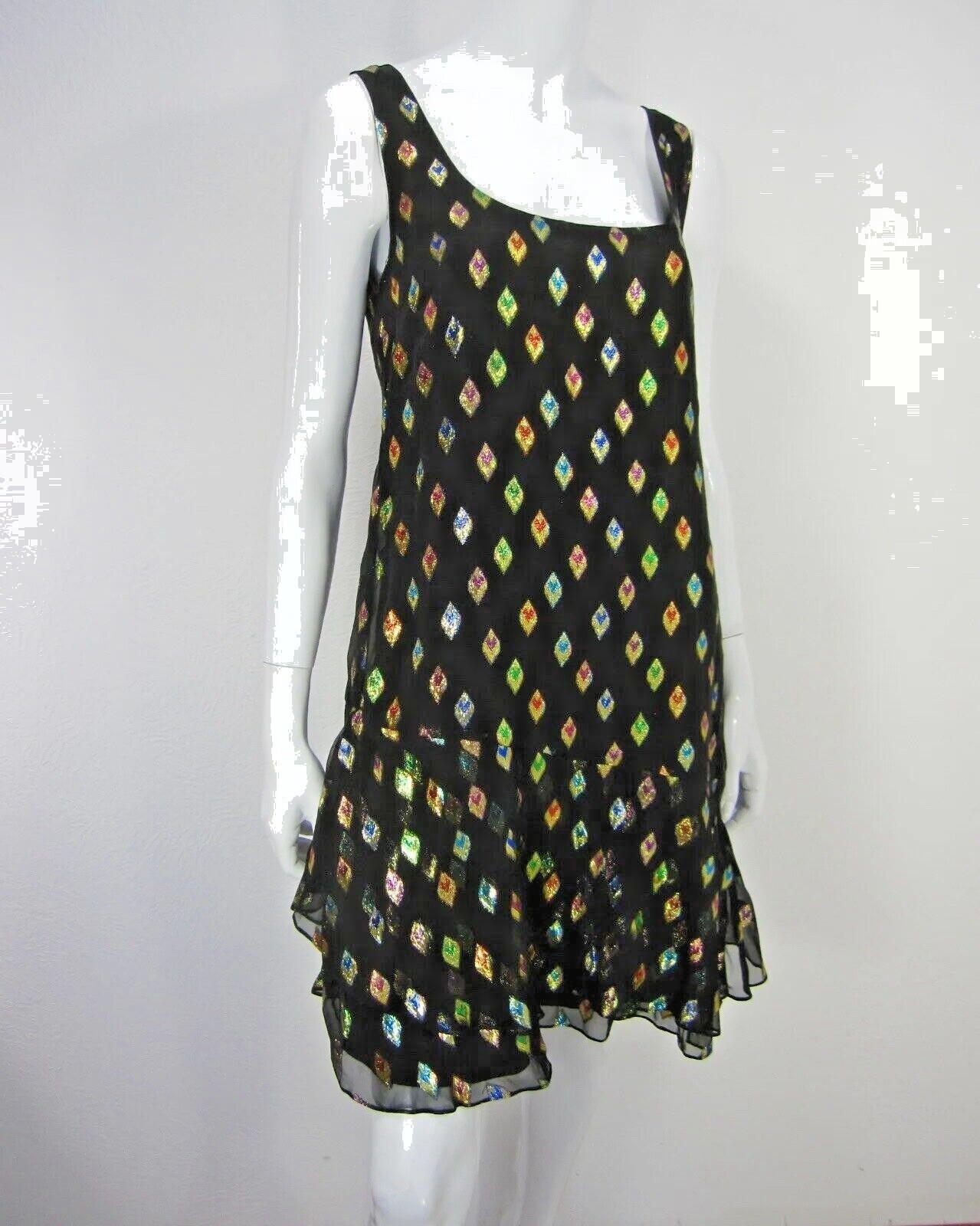 DKNY Women’s colorful Diamond Embroidered Dress Size L Large Black Ruffled Hem
