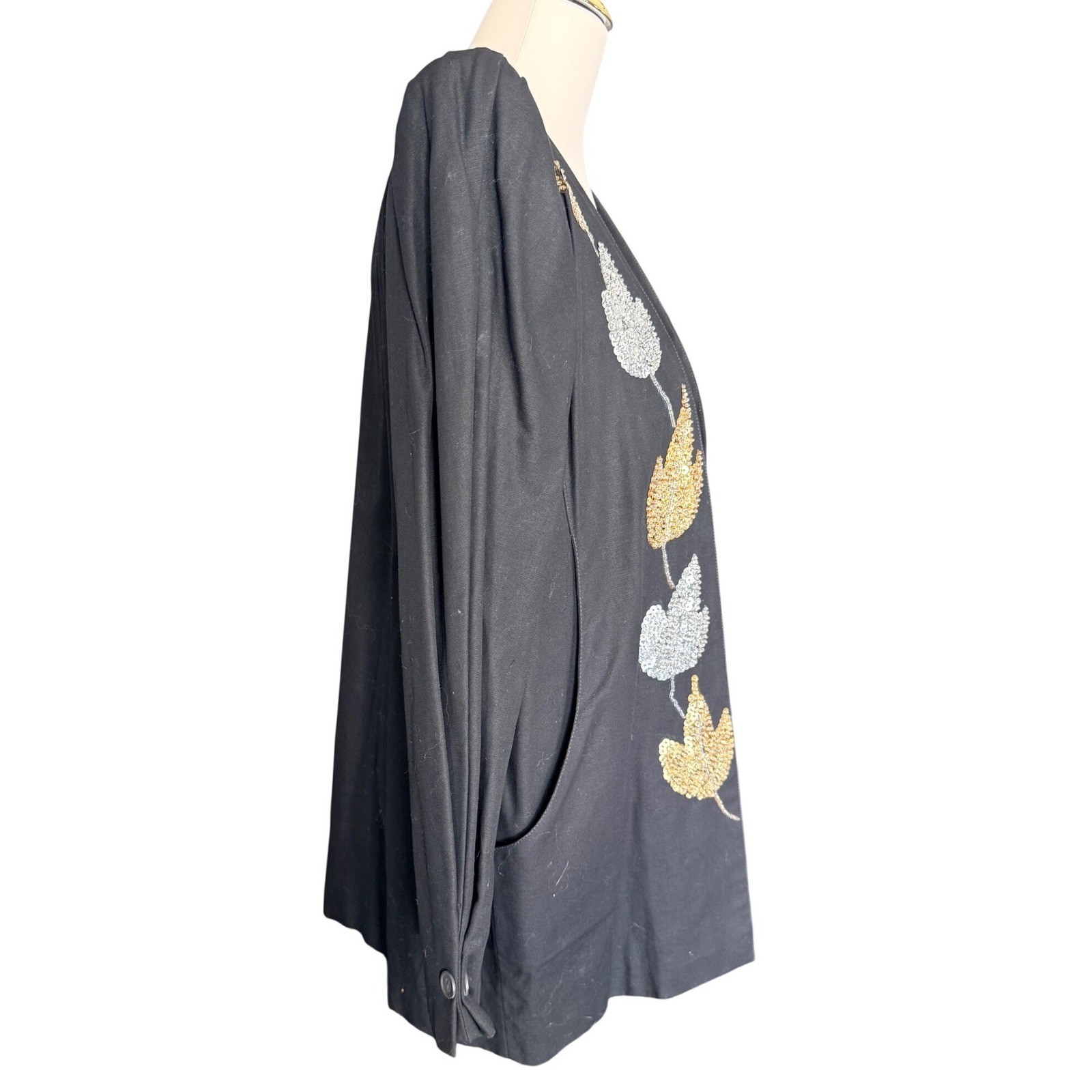 Vintage Mary Di Black Sequin Leaf Puff Shoulder Blazer Jacket Large 80s Glam