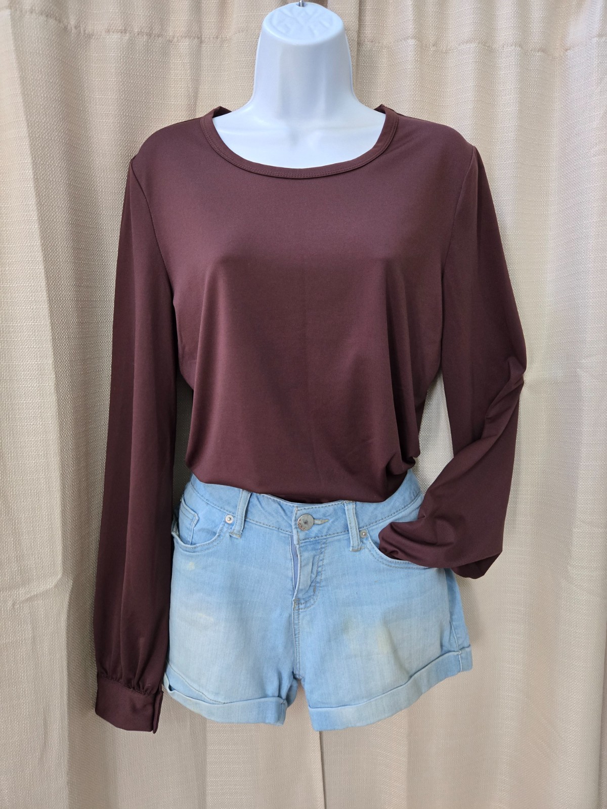 Vtg Newport News Retro Mod Style Casual Dressy Brown Stretch Bishop Sleeve Top M