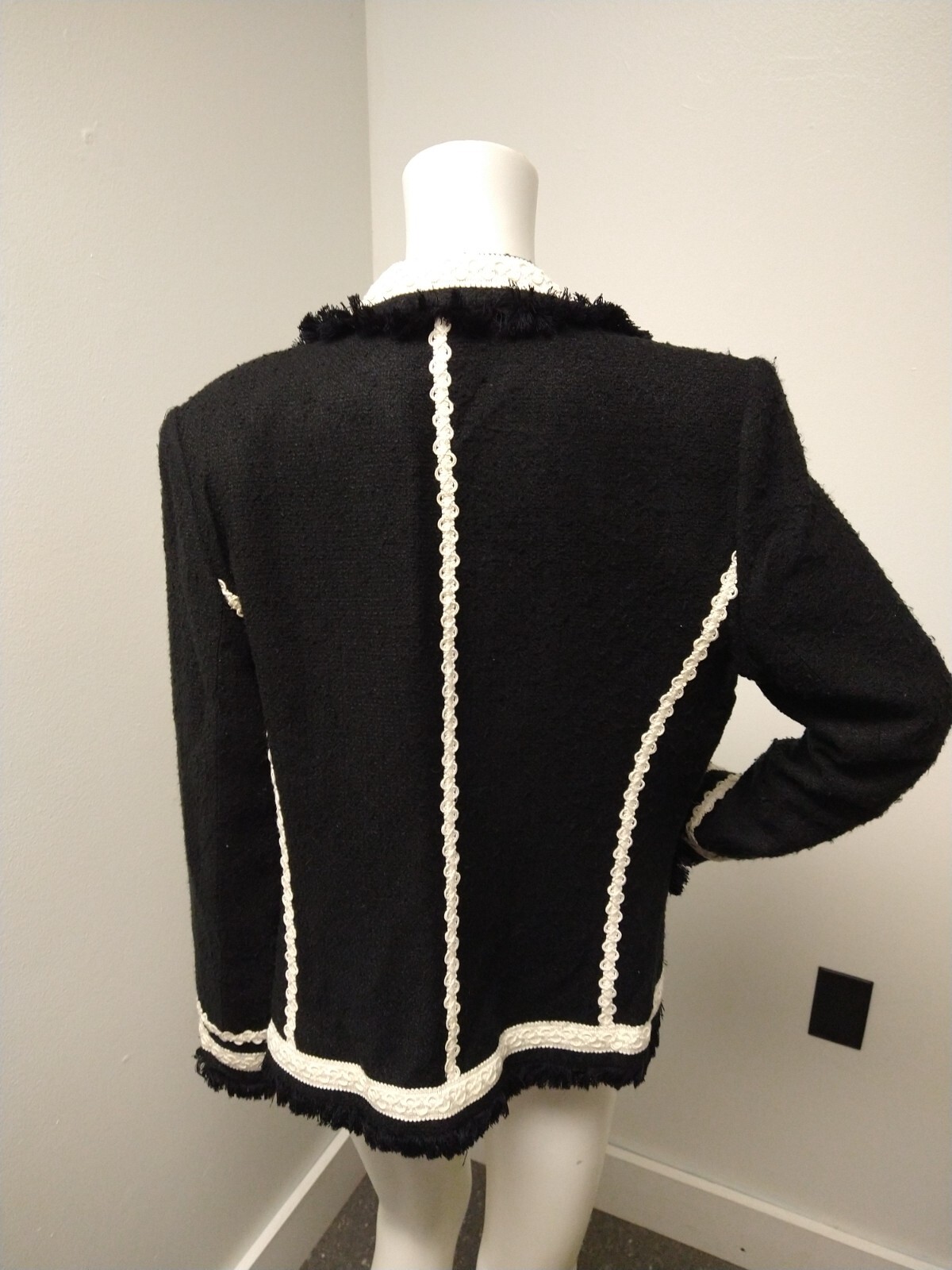 Giancarlo Ferrari Tweed Open Jacket/Blazer Womens 8 Black Fringe Career Vintage