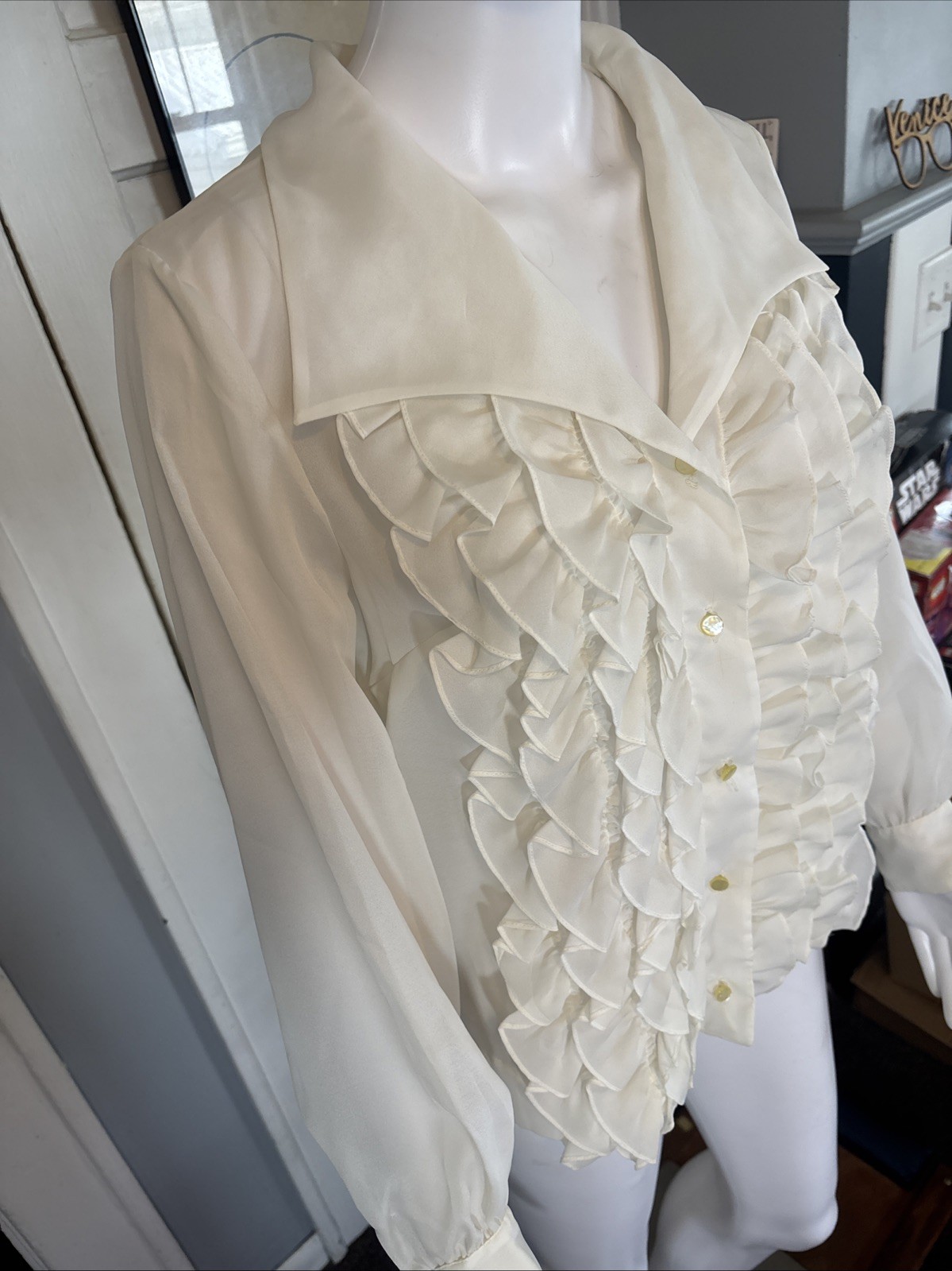 VTG 70s Women’s White Cropped Ruffle Shirt ALADDIN 36/16 Longsleeve Button Sheer