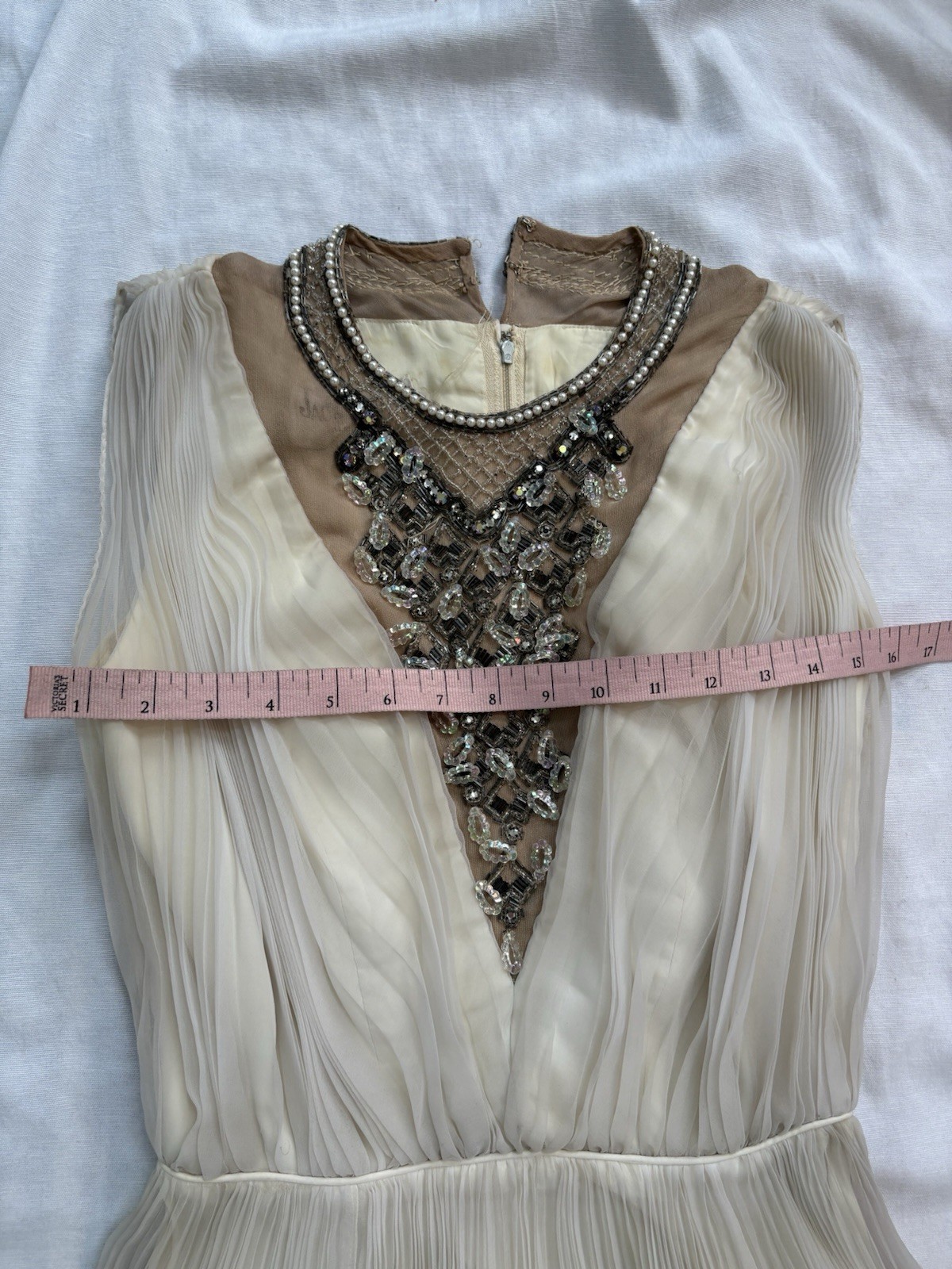 Vintage 60s Jack Bryan Ivory Beaded Pleated Ruffle Cocktail Dress Gatsby S/M