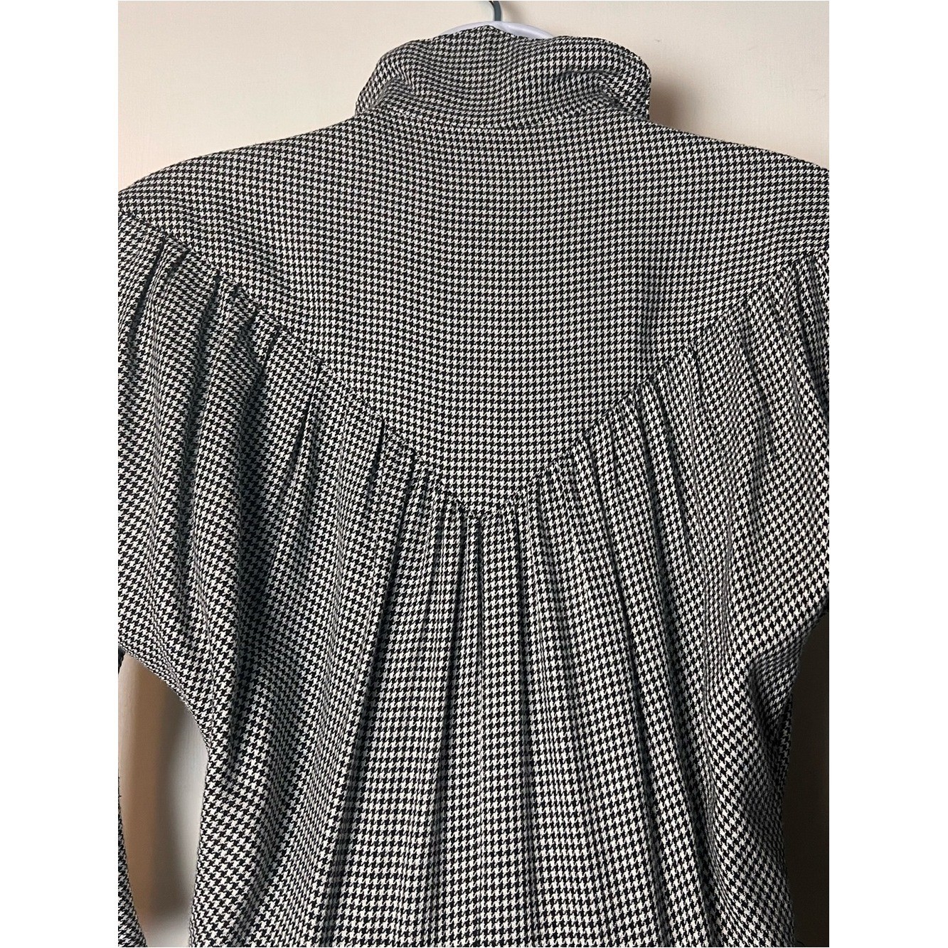 Vintage 70s Womens Houndstooth Shirtwaist Dress Dolman Sleeve Black White Sz S/M