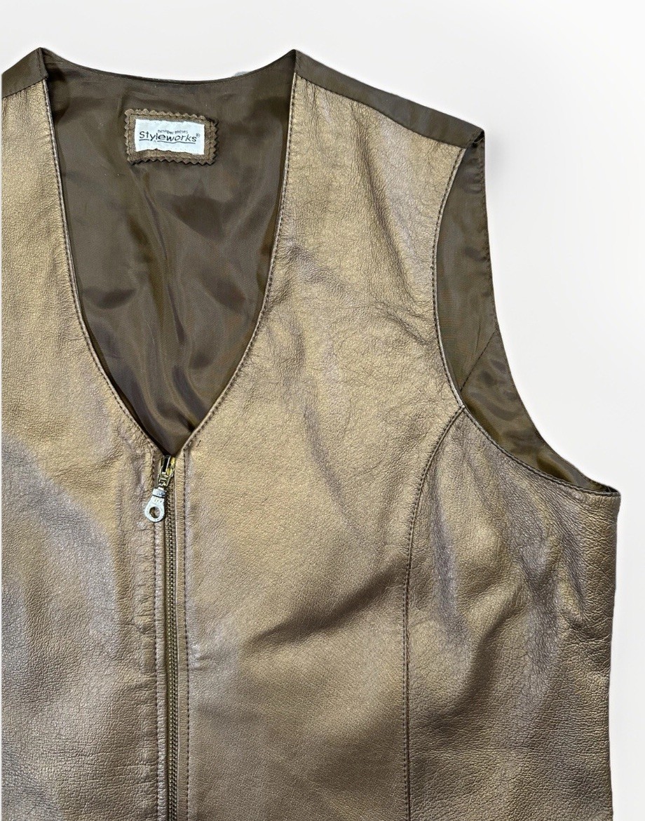 VTG 90s Newport News Styleworks Leather Vest Bronze Brown Western Zip Up Size L