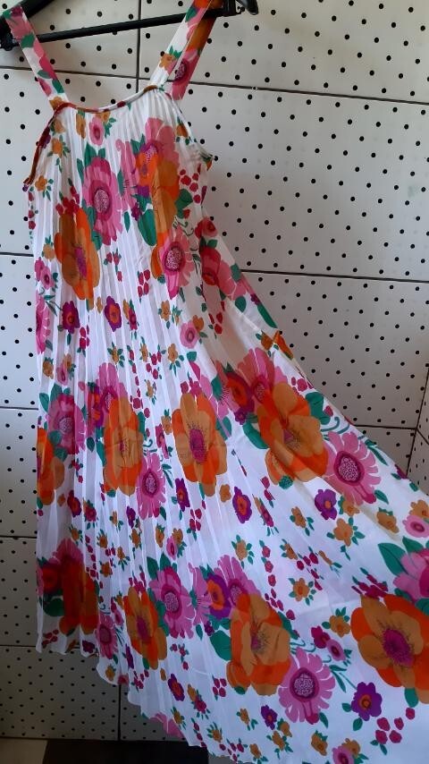 Vintage 60-70s GOLDEN ROSE Floral Nylon Beach Sundress A-Line Ruffle Straps Smal