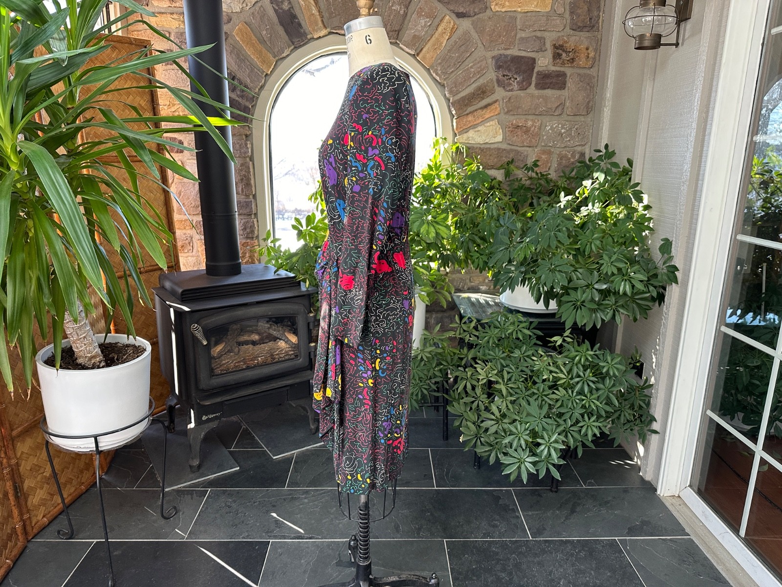 Vintage 1990s Black and Primary Color Abstract Silk Sarong Style Dress Nora Noh
