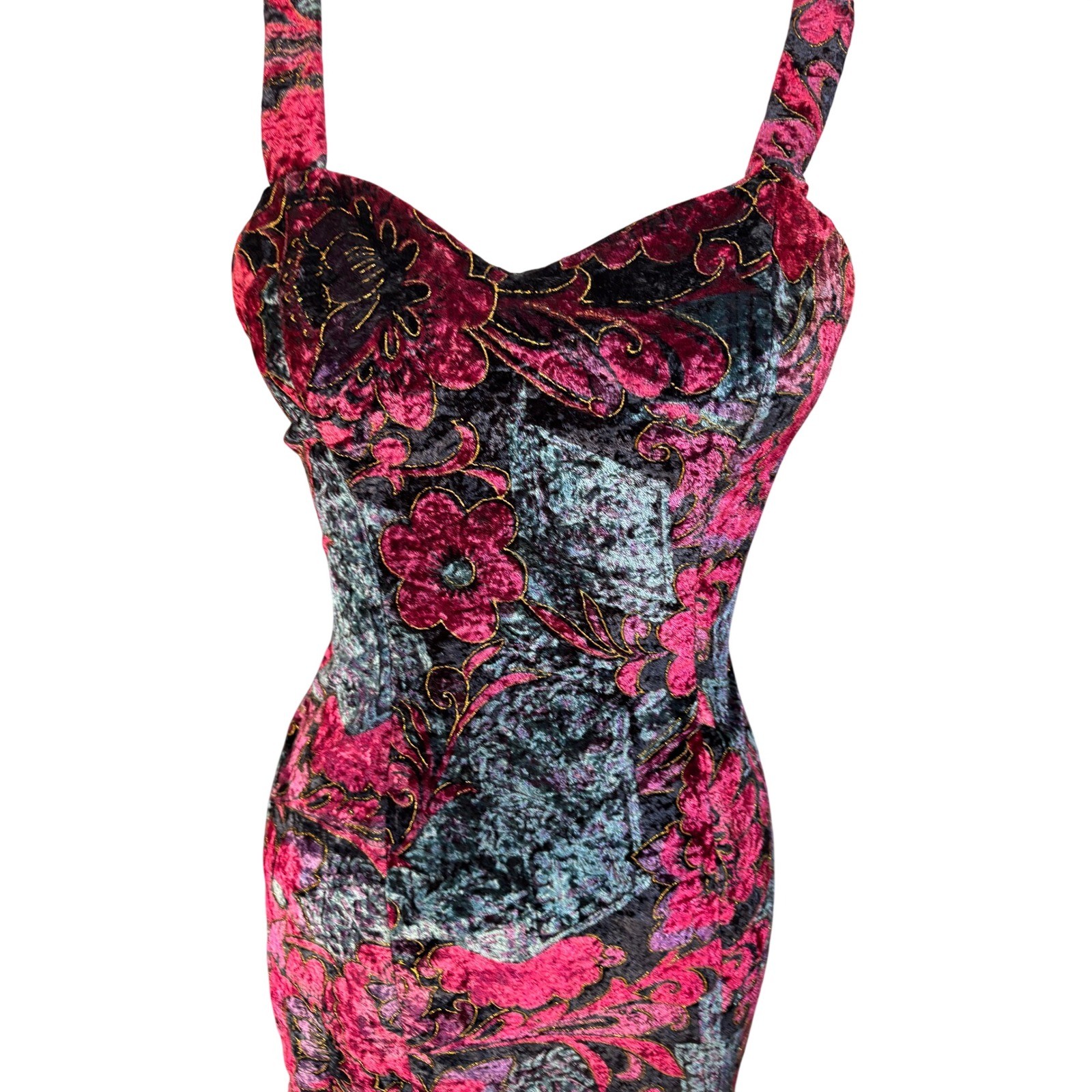 90s Rampage Floral Prom Velvet Bodycon Dress Burgundy Gold Burnout Vintage