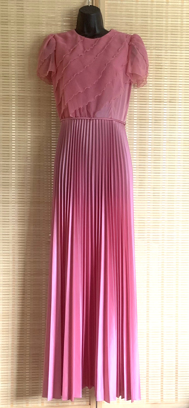 VTG 70s Pink Flutter Sleeves Ruffled Accordion Pleated Maxi Dress Gown SEE DIM